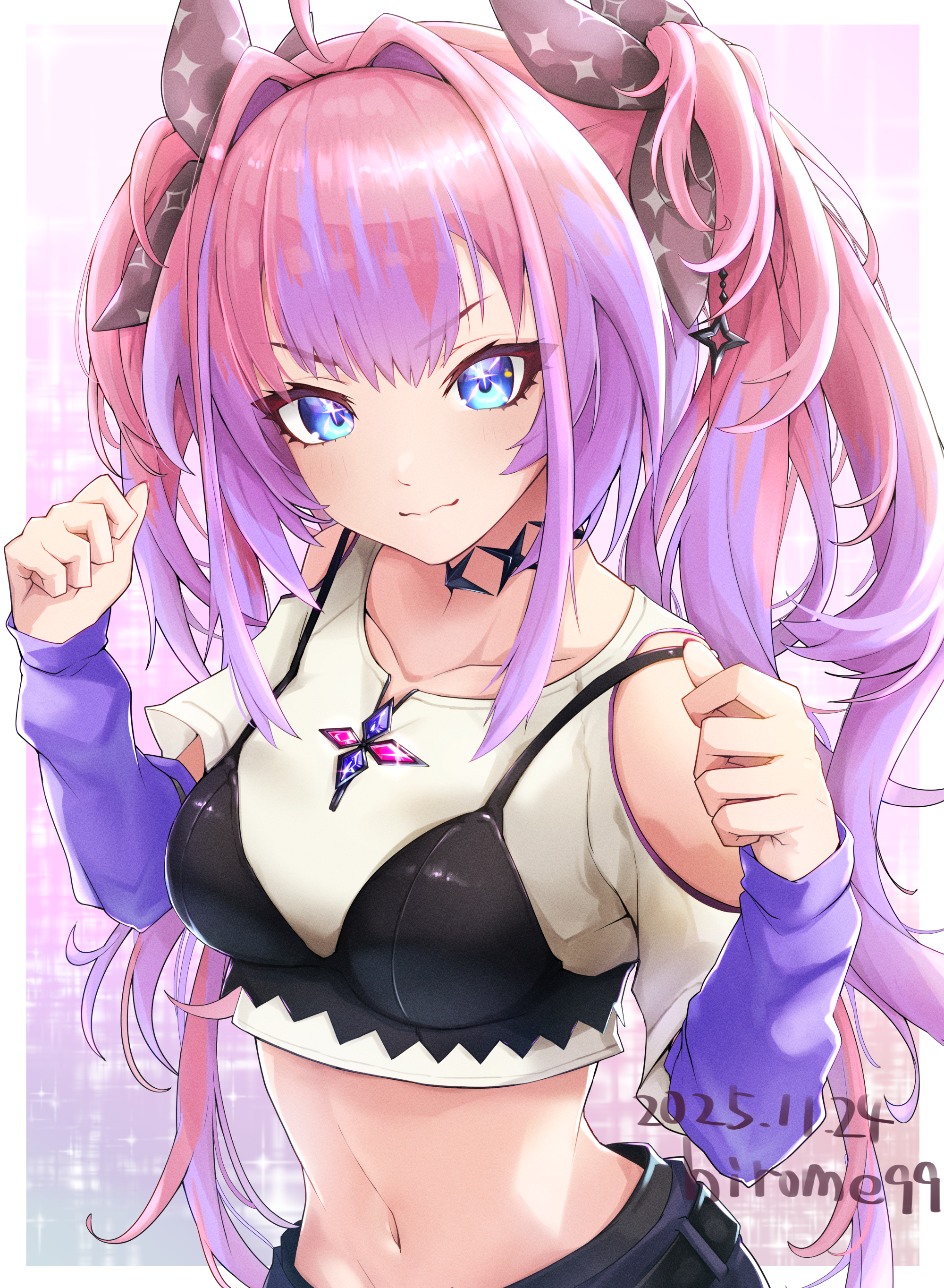hirome99, kikirara vivi, hololive, hololive dev is, absurdres, commentary request, highres, 1girl, black bow, black pants, blue eyes, bow, bra over clothes, breasts, closed mouth, hair bow, kikirara vivi (1st costume), long hair, looking at viewer, multicolored hair, pants, pink hair, purple hair, shirt, small breasts, solo, streaked hair, twintails, virtual youtuber, white shirt