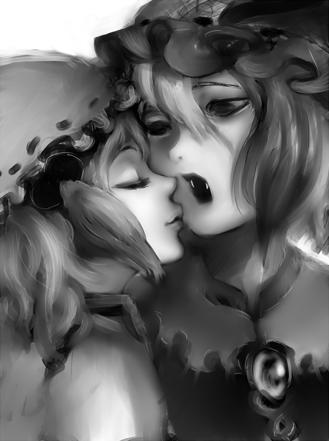 cong1991, flandre scarlet, remilia scarlet, touhou, bad id, bad pixiv id, 2girls, female focus, greyscale, monochrome, multiple girls, siblings, sisters