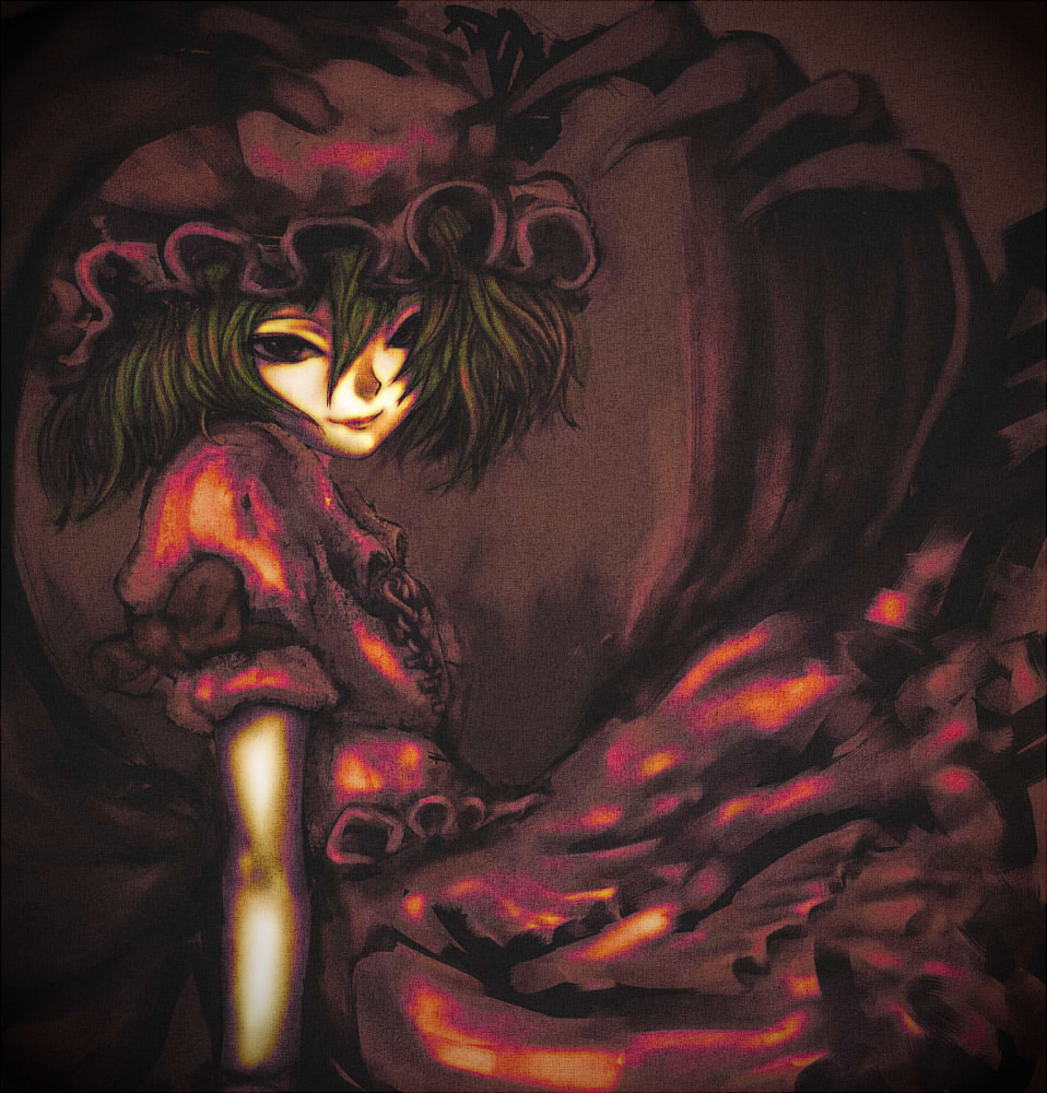 cong1991, remilia scarlet, touhou, bad id, bad pixiv id, 1girl, bat wings, female focus, green hair, hat, solo, wings