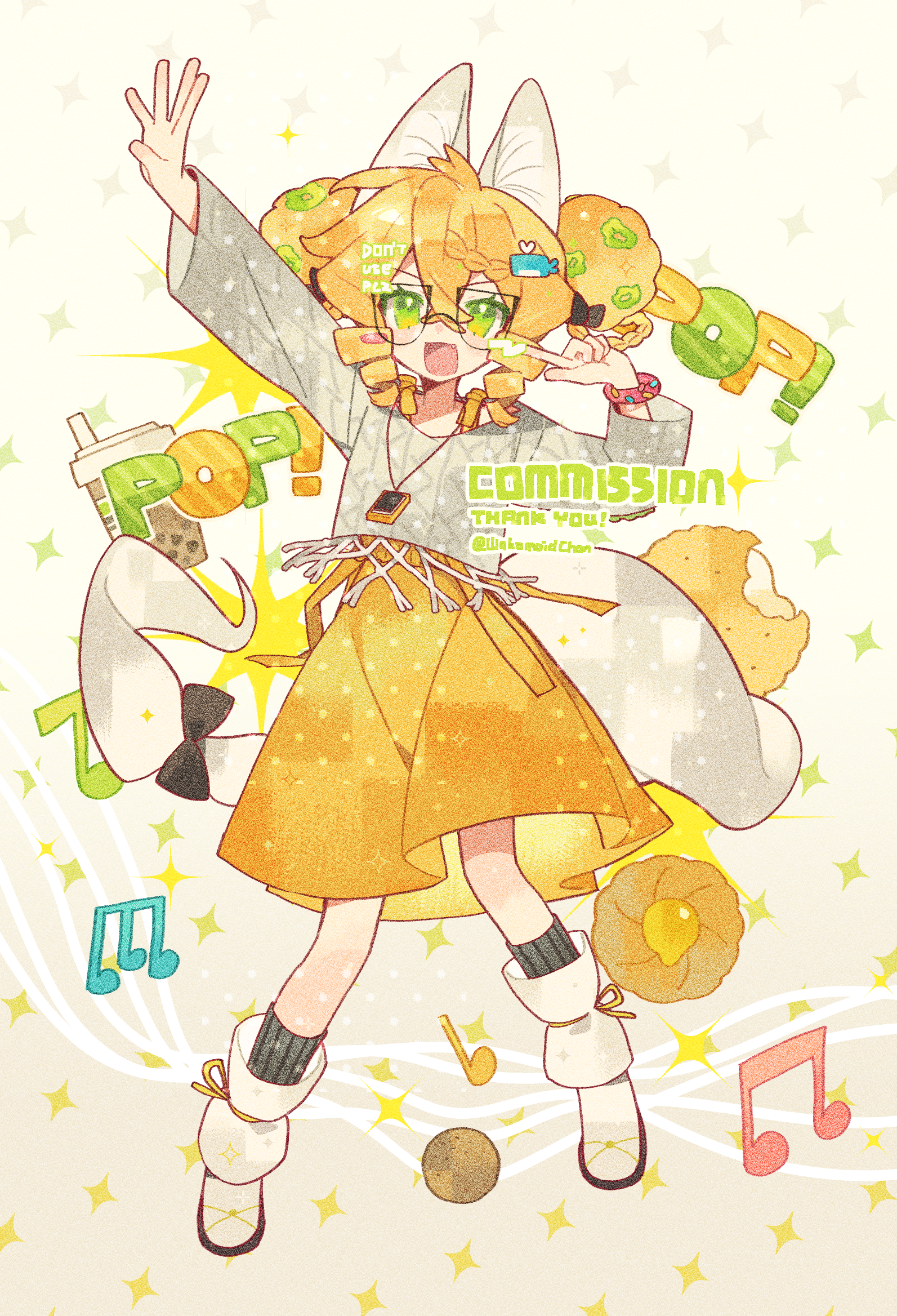 meimei (wakamoid), original, commission, highres, 1girl, :d, animal ears, black socks, blonde hair, boots, double-parted bangs, double bun, fox ears, fox girl, fox tail, full body, glasses, green eyes, grey shirt, hair between eyes, hair bun, long sleeves, looking at viewer, open mouth, outstretched arm, shirt, short hair, skirt, smile, socks, solo, sparkle background, standing, striped clothes, striped socks, tail, v-shaped eyebrows, vertical-striped clothes, vertical-striped socks, white boots, yellow skirt