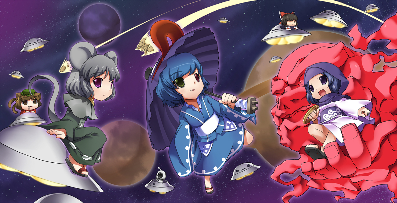 shiratama dango, chen, hakurei reimu, kirisame marisa, kumoi ichirin, nazrin, tatara kogasa, unzan, touhou, bad id, bad pixiv id, 6+girls, :p, alien, animal ears, blue eyes, blue hair, bow, broom, brown hair, cat ears, cat tail, cloud, detached sleeves, earrings, green eyes, grey hair, hat, heterochromia, hood, japanese clothes, jewelry, karakasa obake, kimono, miko, mouse ears, mouse tail, multiple girls, multiple tails, purple eyes, purple hair, red eyes, sandals, short hair, tail, tongue, tongue out, ufo, umbrella, witch, witch hat, zouri