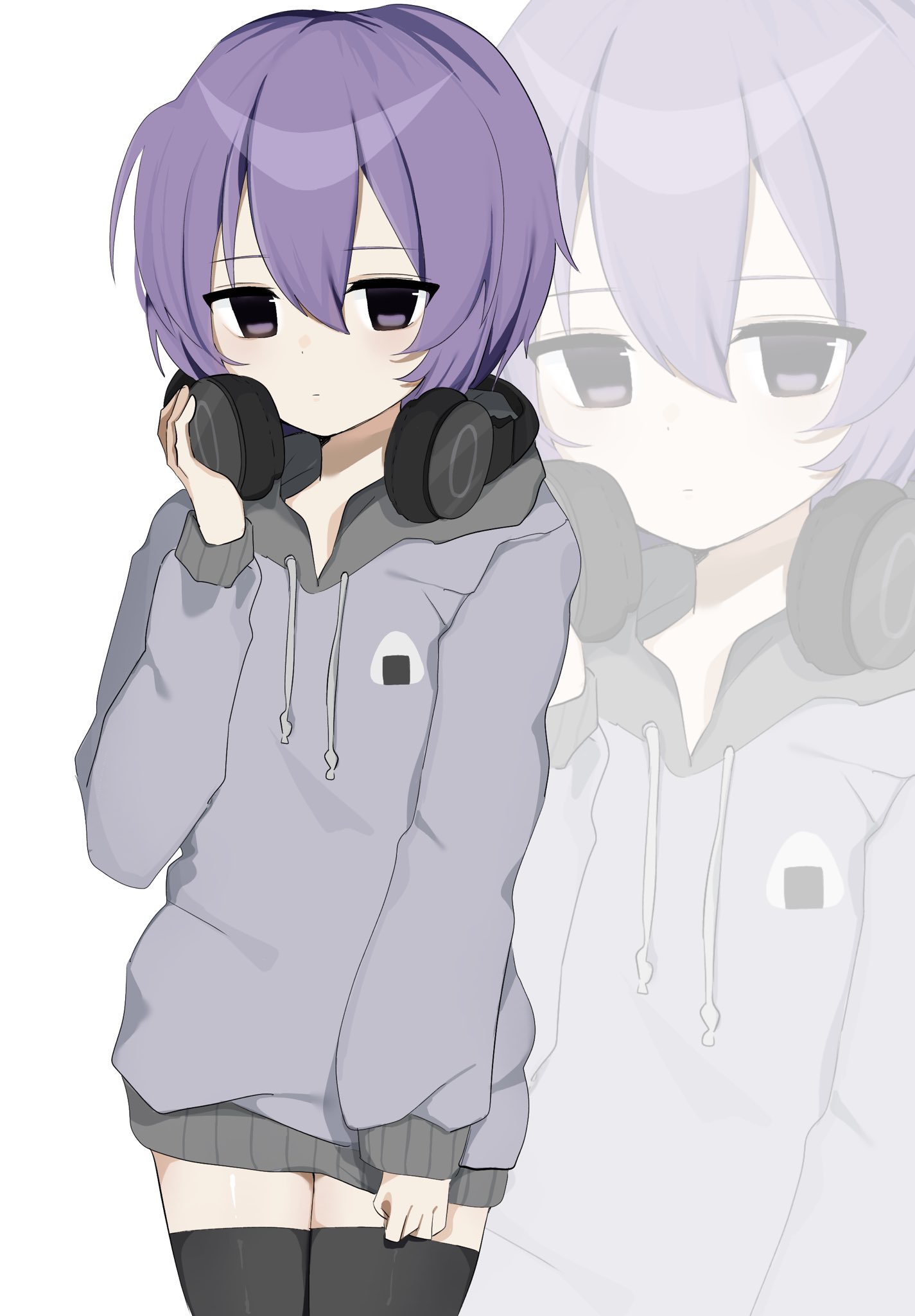utane uta, utau, commentary request, highres, 1girl, black thighhighs, blue hair, closed mouth, cowboy shot, expressionless, headphones, headphones around neck, hood, hoodie, purple eyes, purple hair, purple hoodie, shirt, short hair, solo, standing, thighhighs, uuuuua07, white background