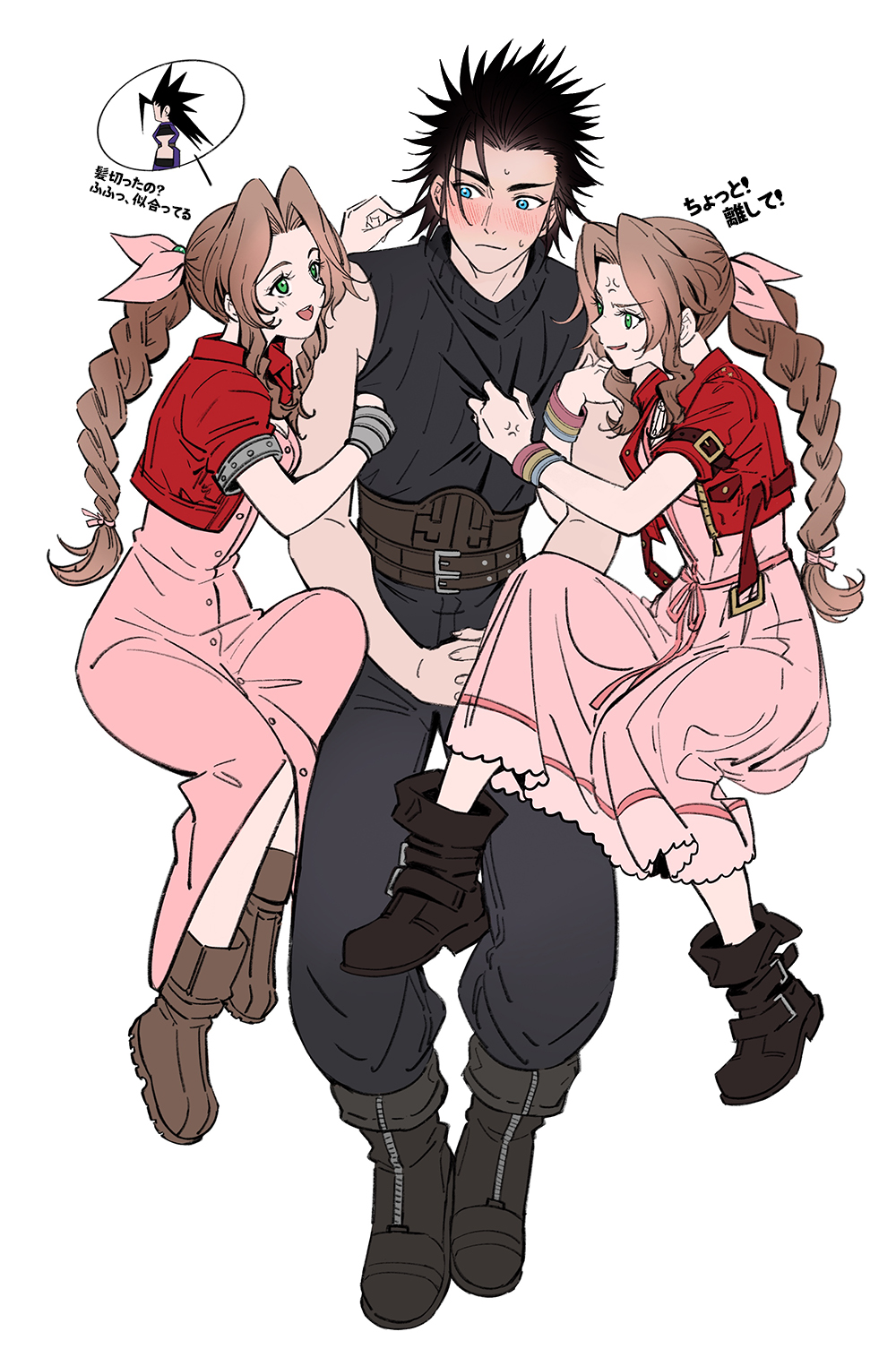 huosheanng, aerith gainsborough, zack fair, final fantasy, final fantasy vii, final fantasy vii remake, commentary request, highres, translation request, 1boy, 2girls, arm hug, black hair, blue eyes, boots, bow, braid, braided ponytail, buttons, clone harem, cropped jacket, dress, dual persona, green eyes, hair bow, jacket, multiple girls, pink bow, pink dress, red jacket, spiked hair