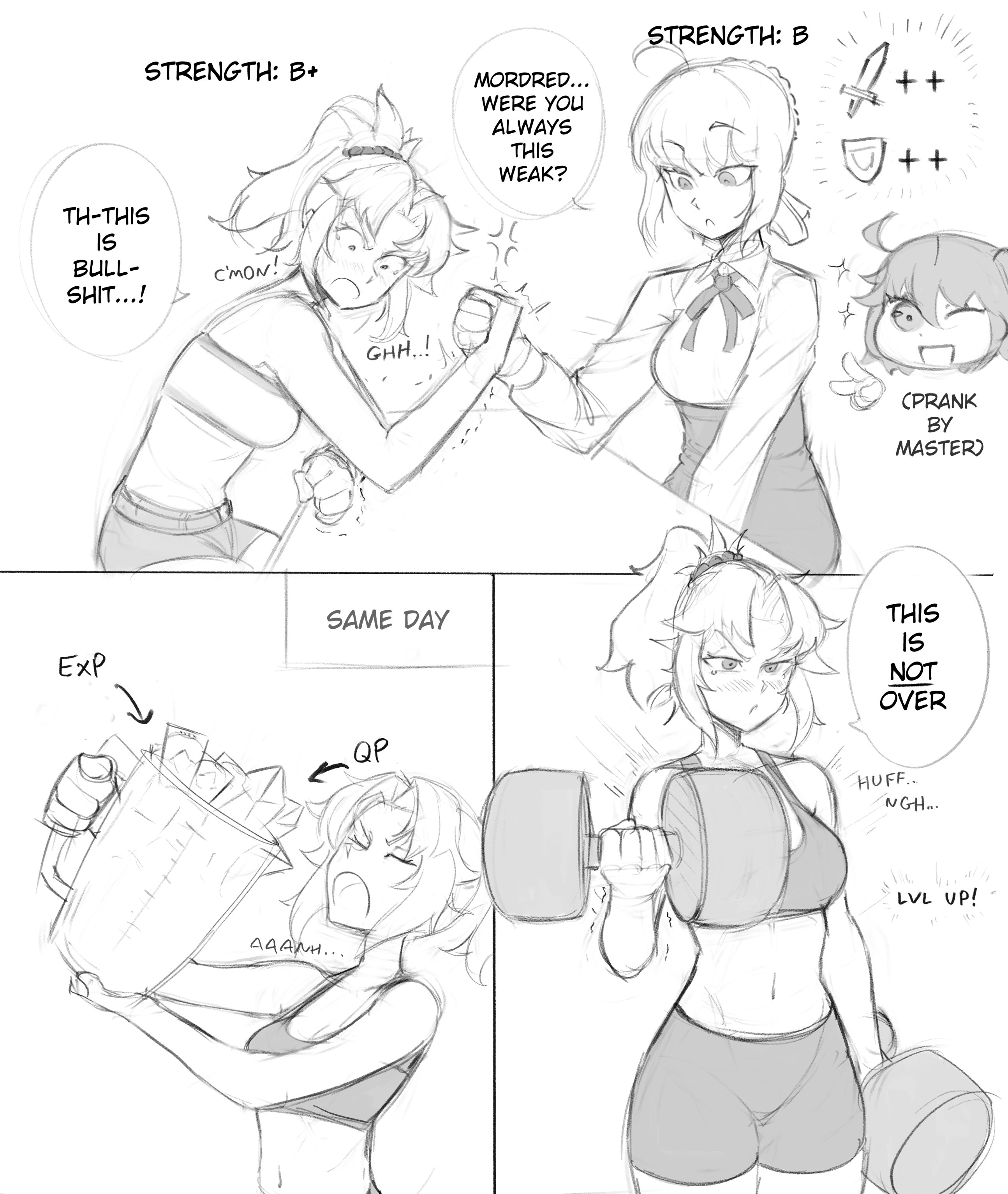 artoria pendragon (fate), fujimaru ritsuka (female), mordred (fate), mordred (memories at trifas) (fate), saber (fate), fate/grand order, fate (series), absurdres, commentary, english commentary, highres, 3girls, ahoge, arm wrestling, bicep curl, biceps, black shorts, black sports bra, bow, bowtie, braid, braided bun, bun with braided base, cheating (competitive), dumbbell, elbow on table, elbows on table, exercising, gameplay mechanics, gym, hair bun, hair ornament, hair scrunchie, holding, holding dumbbell, level up, midriff, multiple girls, navel, overpowering, ponytail, scrunchie, short shorts, shorts, skirt, sports bra, sportswear, strong, struggling, table, weightlifting, weights, zeph505