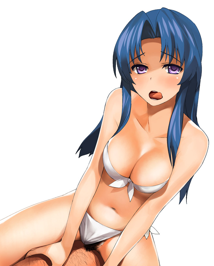 a1 (initial-g), kawashima ami, toradora!, 00s, 1girl, bikini, bikini bottom aside, blue hair, blush, breasts, cleavage, clothed sex, clothing aside, cowgirl position, female pubic hair, front-tie top, girl on top, large breasts, licking lips, long hair, pov, pubic hair, purple eyes, sex, side-tie bikini bottom, simple background, solo focus, straddling, swimsuit, swimsuit aside, tongue, tongue out, uncensored, vaginal