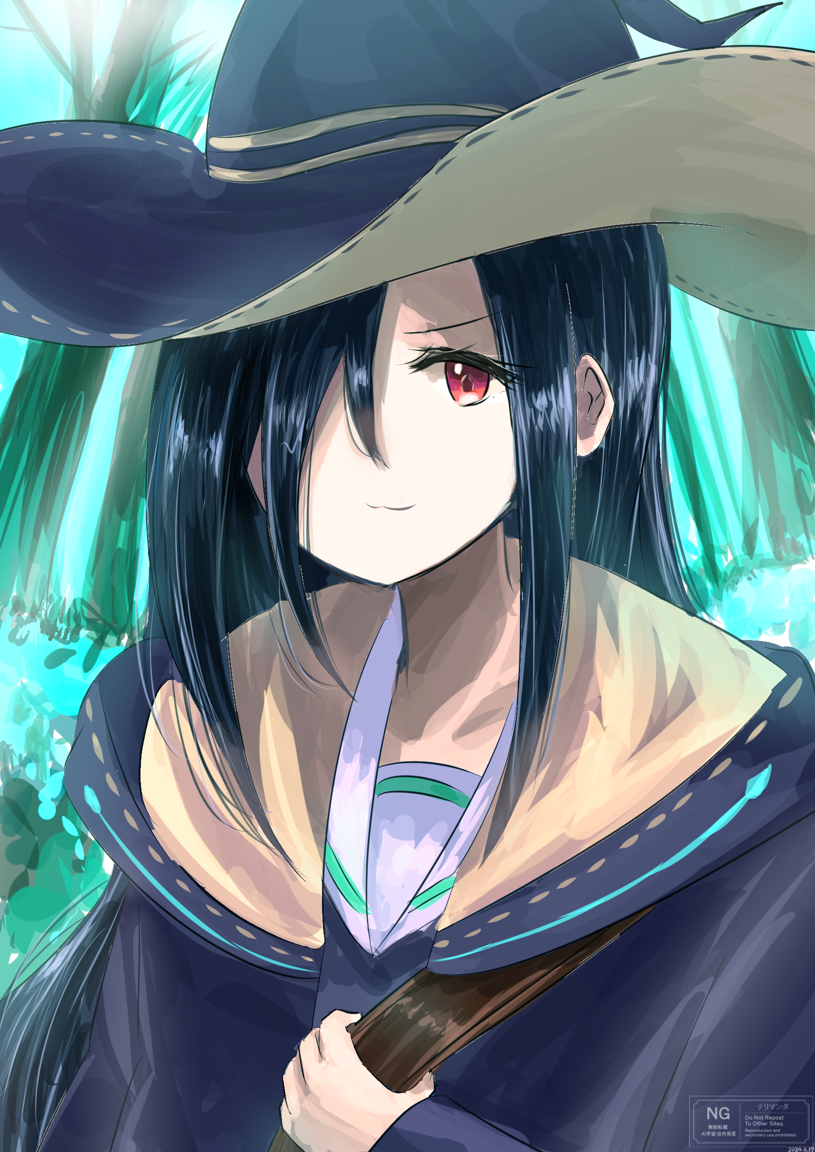 tenne miko, heaven burns red, commentary request, highres, 1girl, :3, atnamiret, black hair, blue robe, cloak, closed mouth, forest, hair over one eye, hat, holding, long bangs, long hair, looking at viewer, nature, one eye covered, outdoors, red eyes, robe, school uniform, serafuku, smile, solo, tree, upper body, witch, witch hat
