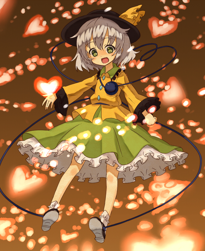 kingin, komeiji koishi, touhou, 1girl, :d, bobby socks, danmaku, female focus, floating, green eyes, hat, heart, open mouth, outstretched hand, short hair, smile, socks, solo, white hair