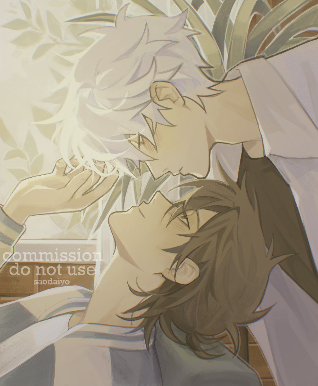 cheng xiaoshi, lu guang, shiguang dailiren, commentary, commission, english commentary, highres, 2boys, artist name, black eyes, black hair, black shirt, blue jacket, blush, brown hair, closed mouth, collared shirt, couch, hair between eyes, hand up, indoors, jacket, leaf, long sleeves, looking at another, lying, male focus, multicolored jacket, multiple boys, on back, on couch, open clothes, open jacket, parted lips, plant, ponytail, potted plant, profile, shirt, short hair, short ponytail, sitting, smile, twitter username, undershirt, upper body, watermark, white hair, white shirt, window, xiiverio, yaoi, yellow jacket