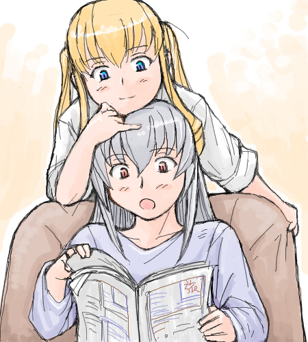 tsuda nanafushi, shinku, suigintou, rozen maiden, silver hair, lowres, 00s, aged up, blonde hair, blue eyes, casual, newspaper, red eyes, sleeves rolled up