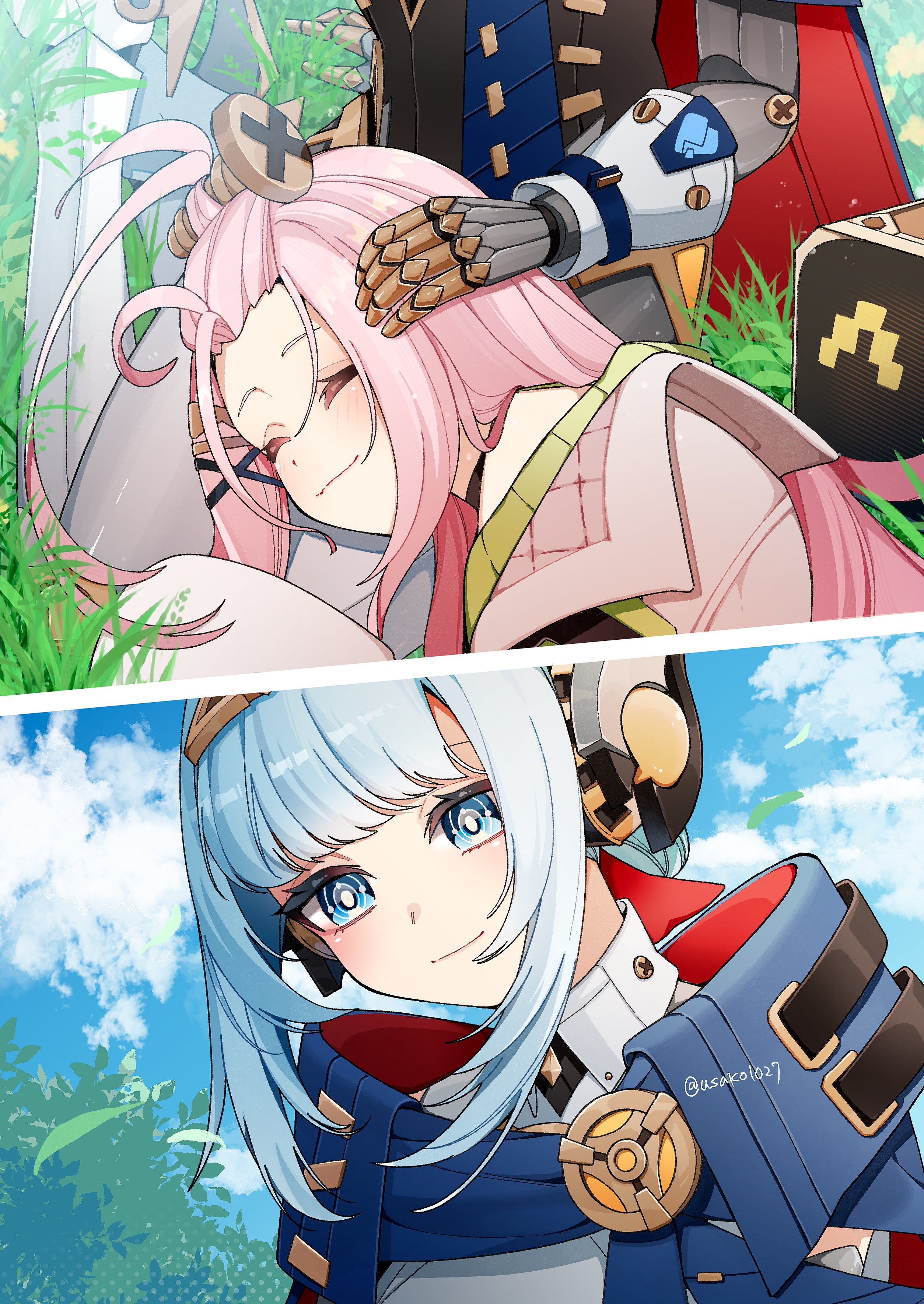 usako (usako1031), aino (genshin impact), ineffa (genshin impact), genshin impact, absurdres, commentary request, highres, 2girls, android, bangs pinned back, blue cape, blue eyes, blue hair, bright pupils, cape, closed eyes, closed mouth, coat, day, grass, hair ornament, hand on another's head, joints, lap pillow, long hair, looking at another, mechanical arms, multiple girls, on grass, outdoors, pink hair, red cape, robot ears, robot joints, screw hair ornament, sidelocks, twitter username, two-sided cape, two-sided fabric, white coat, white pupils, x hair ornament