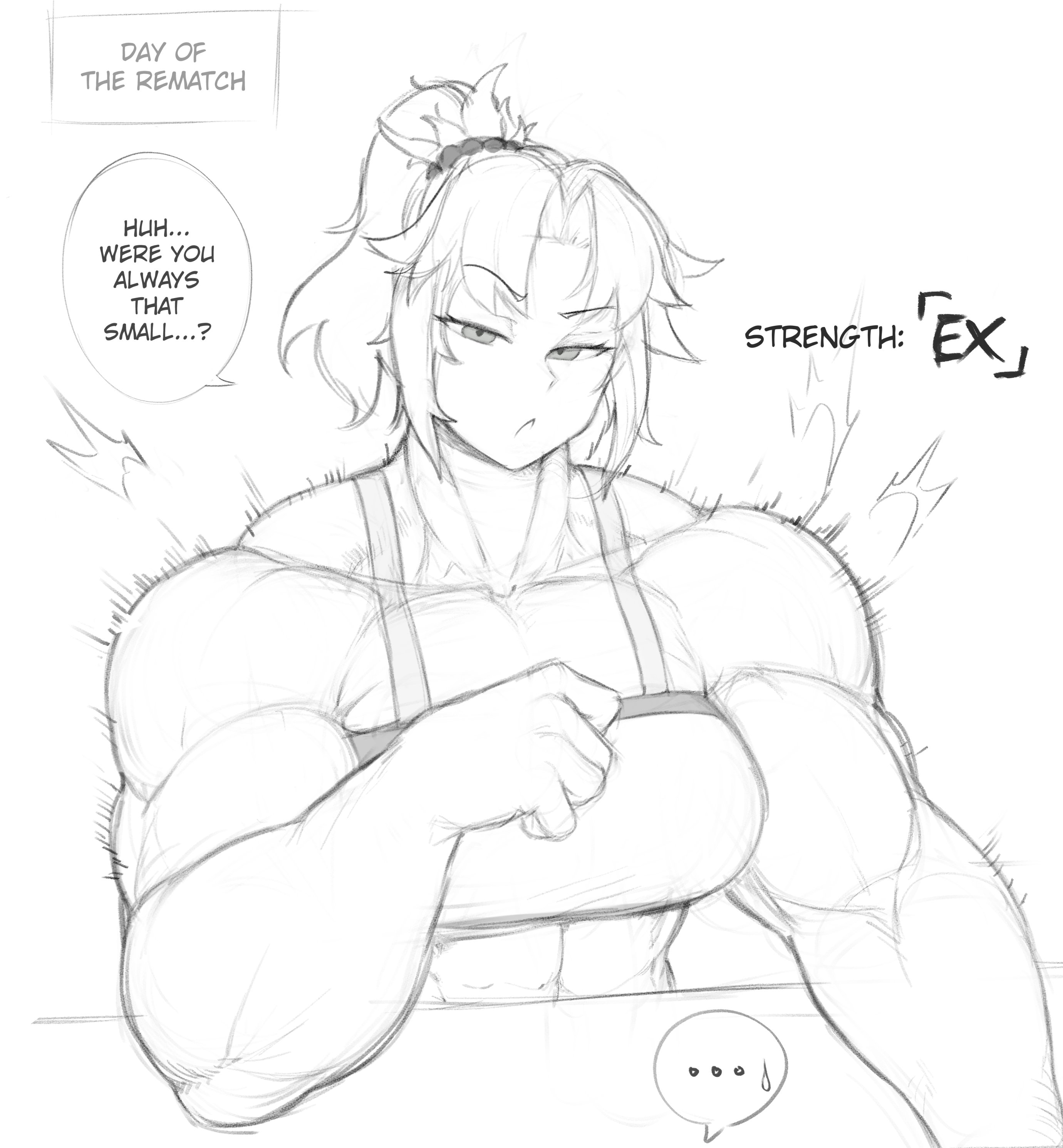 mordred (fate), mordred (memories at trifas) (fate), fate/grand order, fate (series), absurdres, commentary, english commentary, highres, …, 1girl, abs, alternate muscle size, biceps, breasts, deltoids, elbow on table, flexing, hair ornament, hair scrunchie, large breasts, motion lines, muscular, muscular female, nervous, nervous sweating, obliques, pectorals, ponytail, scrunchie, speed lines, spoken ellipsis, sports bra, stats, strong, sweat, table, thick arms, zeph505