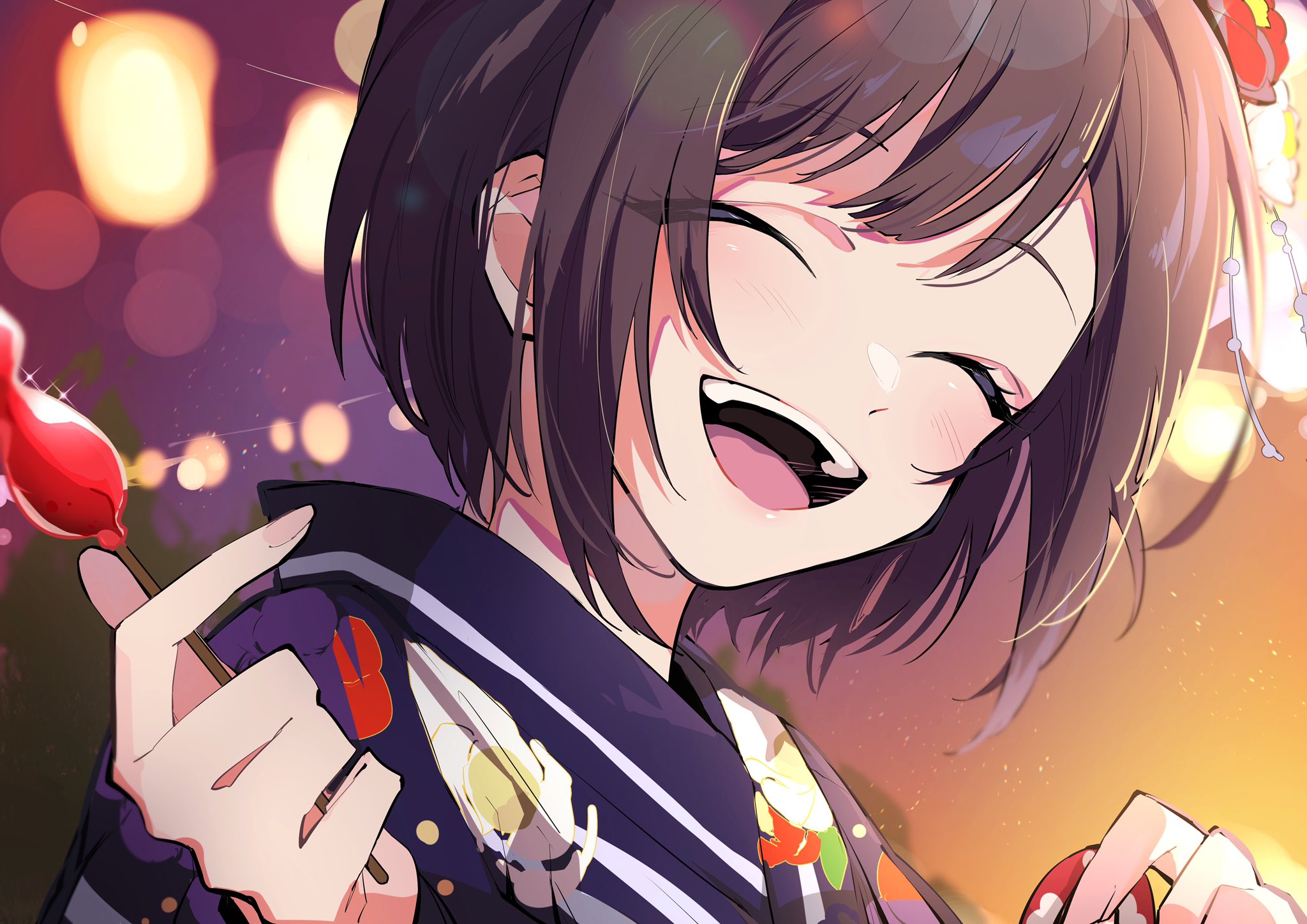 nekoma hikaru, shinonome ena, project sekai, commentary request, highres, 1girl, blush, candy apple, closed eyes, eyelashes, fingernails, food, happy, holding, japanese clothes, kimono, open mouth, outdoors, short hair, solo, summer festival