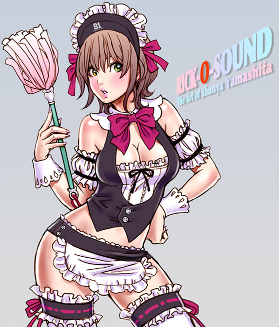 yamashita shun'ya, original, 1girl, apron, belt, blush, bow, bowtie, breasts, brown hair, cleavage, duster, feather duster, female focus, frilled thighhighs, frills, green eyes, hand on own hip, hip focus, lips, lipstick, maid, maid apron, maid headdress, makeup, midriff, short hair, solo, thighhighs, vest, waist apron, wrist cuffs, wristband