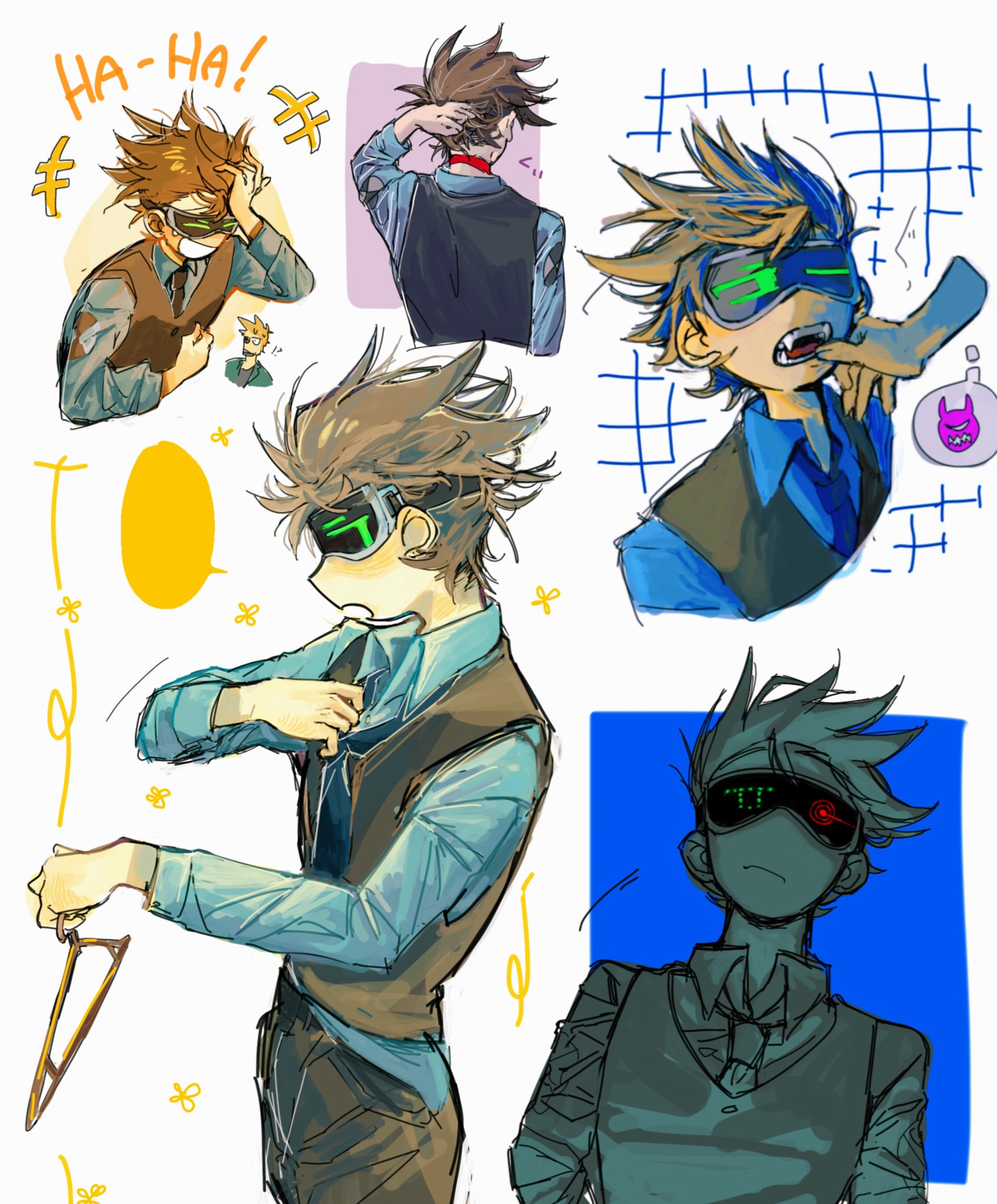 matt (eddsworld), tom (eddsworld), eddsworld, commentary, highres, symbol-only commentary, 2boys, animification, black necktie, black vest, blue shirt, brown hair, fangs, finger in another's mouth, from behind, from side, future matt (eddsworld), future tom (eddsworld), goggles, head-mounted display, laughing, long sleeves, male focus, multiple boys, multiple views, necktie, open mouth, profile, pznogrosqe22114, shirt, short hair, simple background, spiked hair, vest, white background