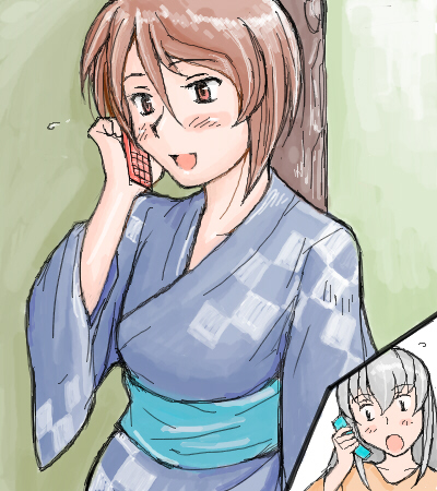 tsuda nanafushi, souseiseki, suigintou, rozen maiden, silver hair, lowres, 00s, aged up, brown eyes, brown hair, cellphone, phone, short hair, talking on phone