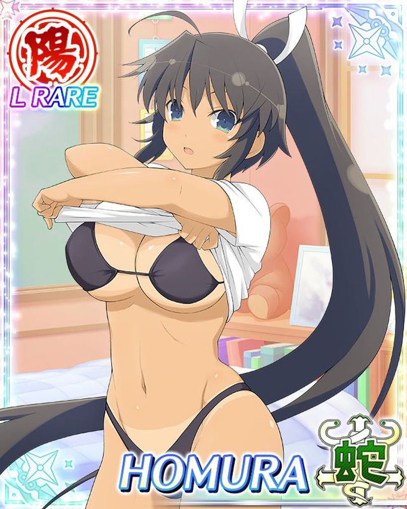 homura (senran kagura), senran kagura, senran kagura new wave, senran kagura shoujo-tachi no shin'ei, non-web source, official art, resized, upscaled, 1girl, :o, ahoge, bed, bedroom, bikini, bikini tan, black bikini, black hair, blush, book, bookshelf, border, breasts, card (medium), character name, cleavage, cross, dark-skinned female, dark skin, green eyes, groin, hair ribbon, high ponytail, indoors, inverted cross, large breasts, linea alba, long hair, looking at viewer, micro bikini, navel, open mouth, picture frame, ponytail, ribbon, school emblem, shirt, shuriken, solo, stuffed animal, stuffed toy, swimsuit, t-shirt, tan, tanline, teddy bear, thong bikini, underboob, undressing, very long hair, weapon, white ribbon, white shirt, window