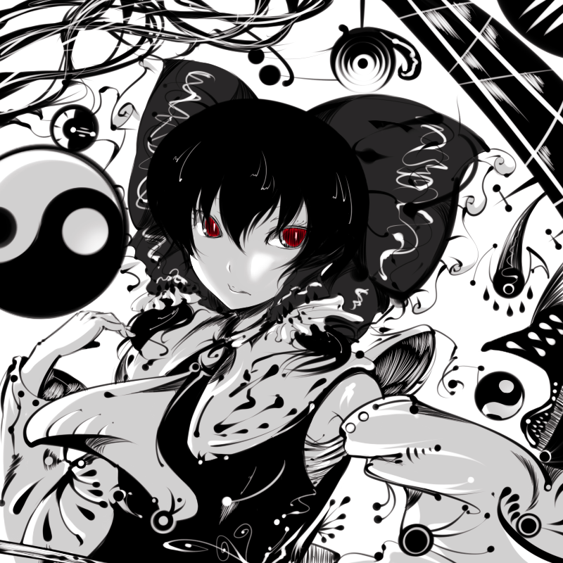 koohee, hakurei reimu, touhou, bad id, bad pixiv id, 1girl, ascot, bow, detached sleeves, female focus, hair bow, hair tubes, monochrome, red eyes, solo, spot color, yin yang