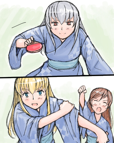 tsuda nanafushi, shinku, suigintou, suiseiseki, rozen maiden, silver hair, lowres, 00s, 3girls, aged up, blonde hair, blue eyes, blush, brown hair, clenched hand, closed eyes, long hair, multiple girls, paddle, racket, raised fist, red eyes, sleeves pushed up, table tennis, table tennis paddle