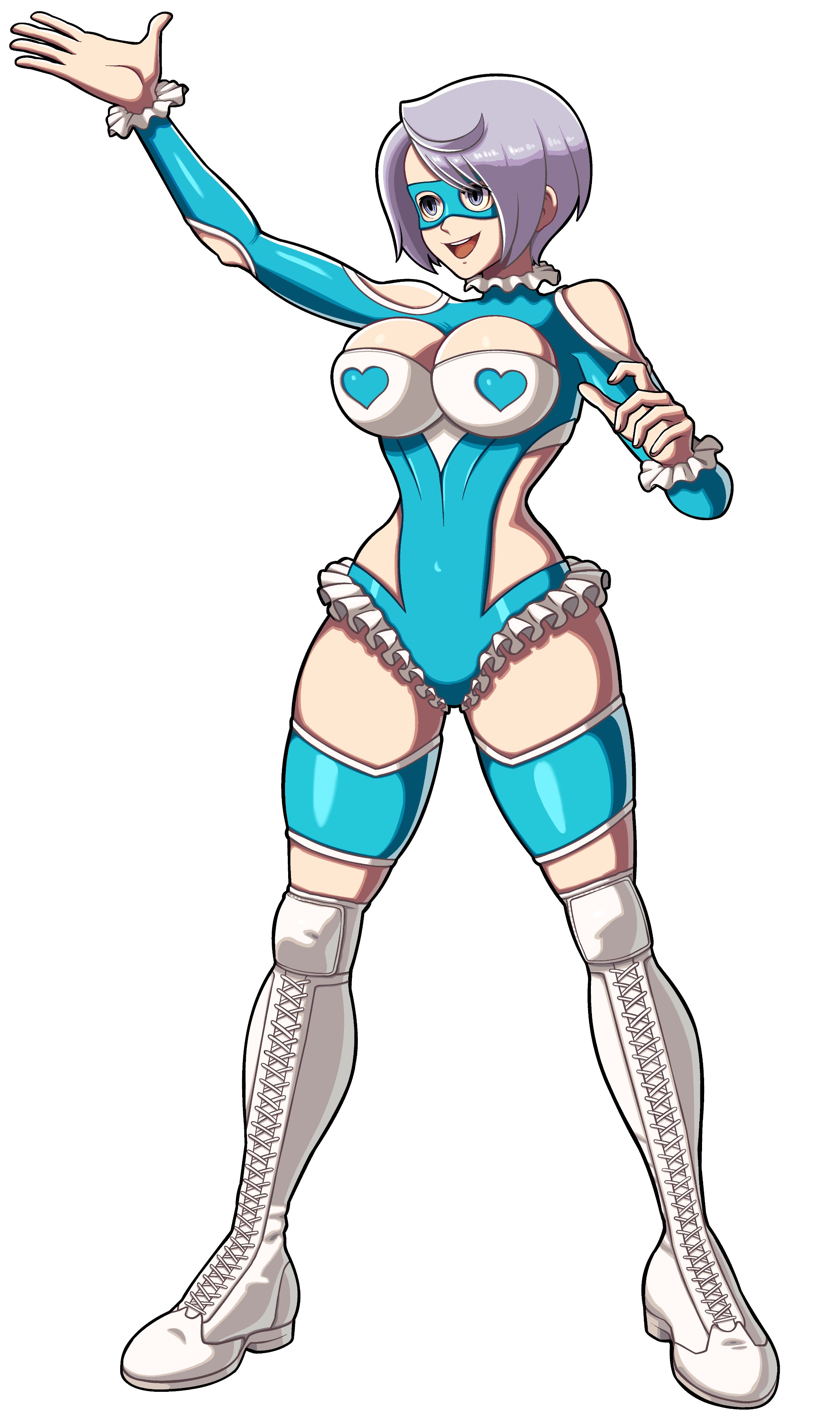 nibbon0808, angel (kof), the king of fighters, 1girl, blue eyes, bodysuit, boots, breasts, cleavage, cleavage cutout, clothing cutout, curvy, female focus, hands up, heart, huge breasts, large breasts, pale skin, shoes, short hair, skirt, smile, smiley face, standing, thick thighs, thighs, tight clothes, white hair, wide hips