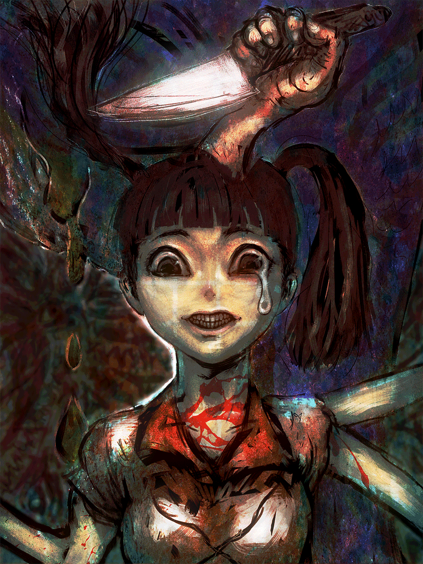 cong1991, monoko, yume nikki, bad id, bad pixiv id, 1girl, blood, crazy, crazy eyes, creepy, extra arms, female focus, grin, horror (theme), knife, multi limb, smile, solo, tears, teeth, twintails