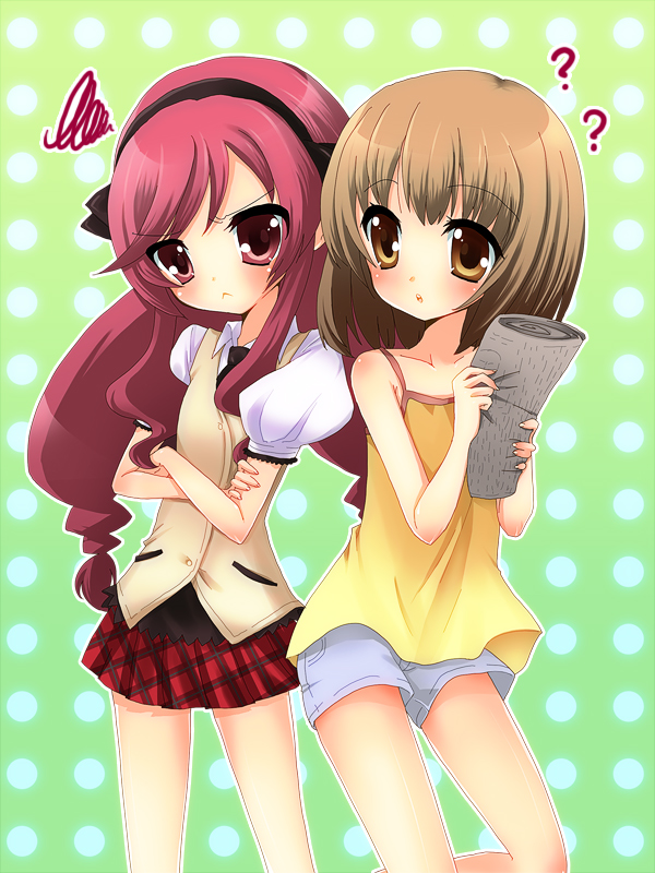 moorina, kujiin mika, nakamachi kana, kanamemo, bad id, bad pixiv id, self-upload, 00s, :<, artistic error, brown hair, long hair, newspaper, purple hair, short hair, twintails