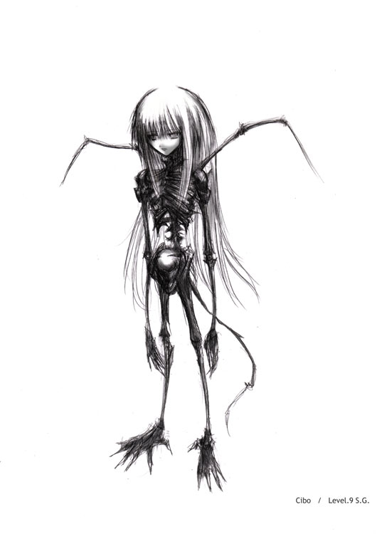cibo, blame!, spoilers, greyscale, long hair, monochrome, skeleton, solo, wings
