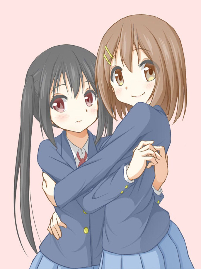 hirasawa yui, nakano azusa, k-on!, artist request, source request, 2girls, black hair, blush, brown eyes, brown hair, closed mouth, dot nose, feet out of frame, female focus, hair between eyes, hair ornament, hairclip, hug, jacket, long hair, looking at viewer, multiple girls, ribbon, sakuragaoka high school uniform, school uniform, shirt, short hair, simple background, skirt, smile, standing, white shirt