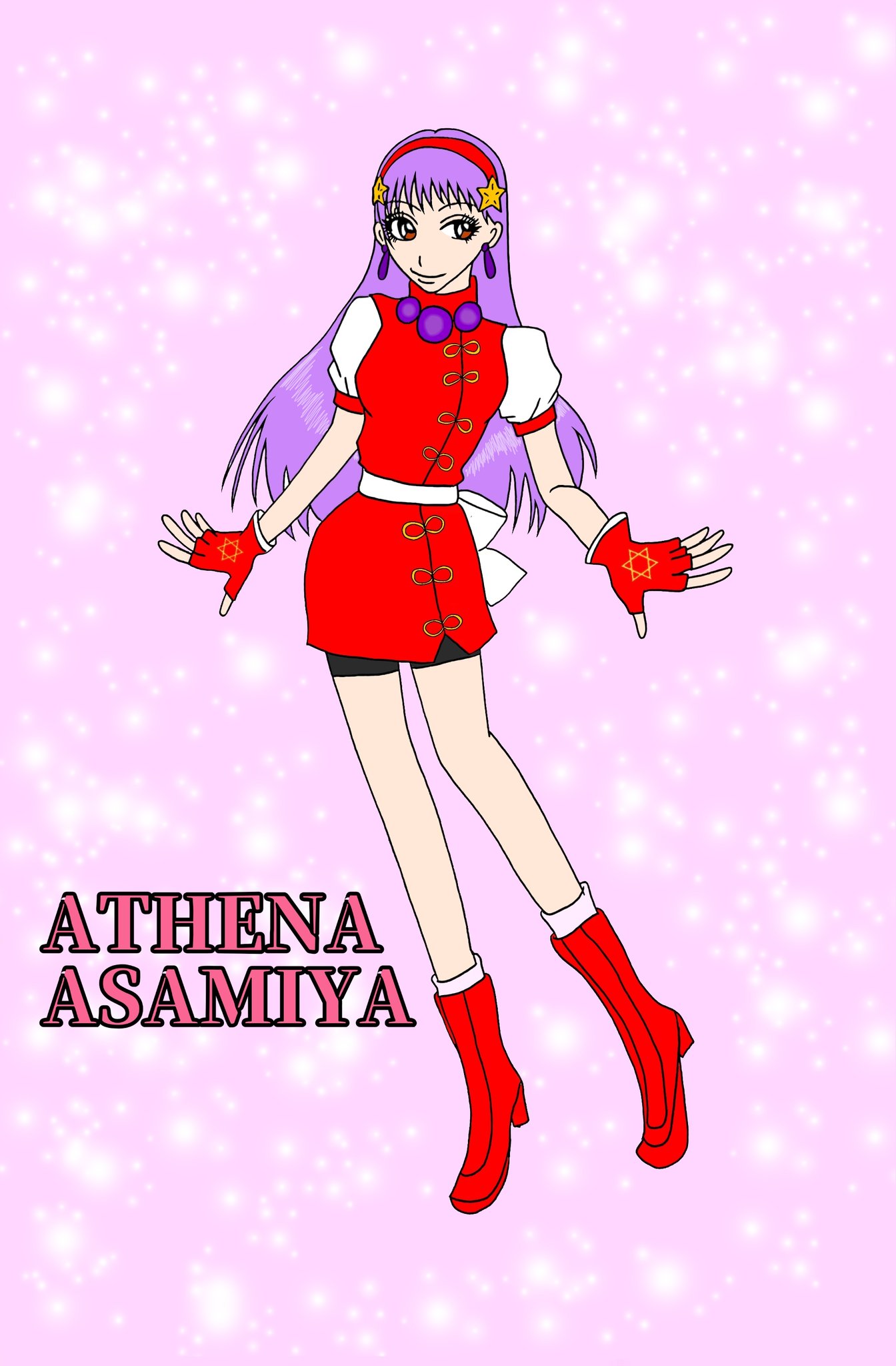 asamiya athena, the king of fighters, 1girl, boots, brown eyes, dress, earrings, gloves, hairband, jewelry, long hair, pale skin, purple hair, shoes, skirt, smile, standing, star (symbol), yukari nesan
