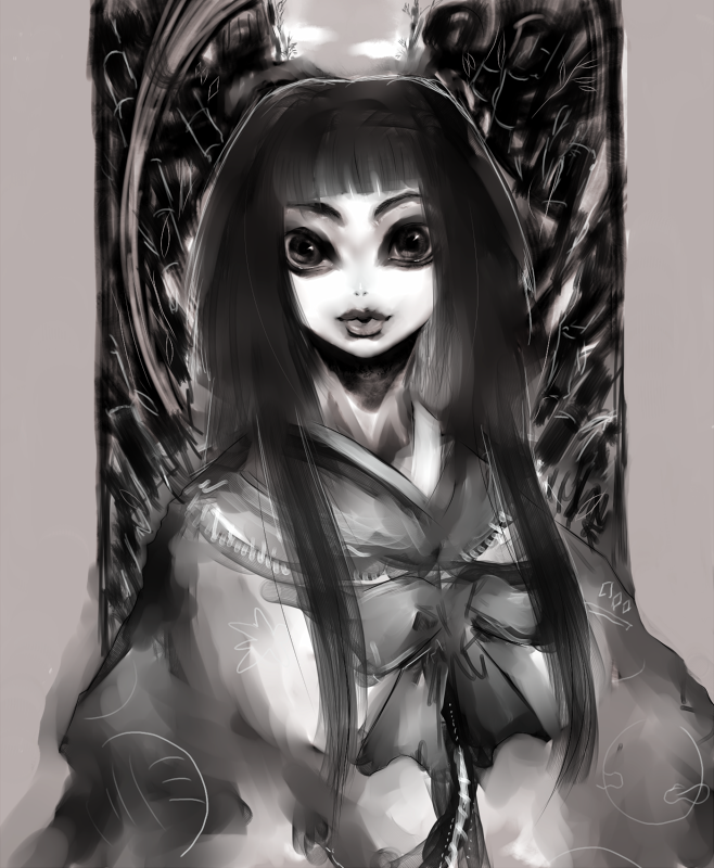 cong1991, houraisan kaguya, touhou, bad id, bad pixiv id, 1girl, creepy, female focus, greyscale, horror (theme), monochrome, solo