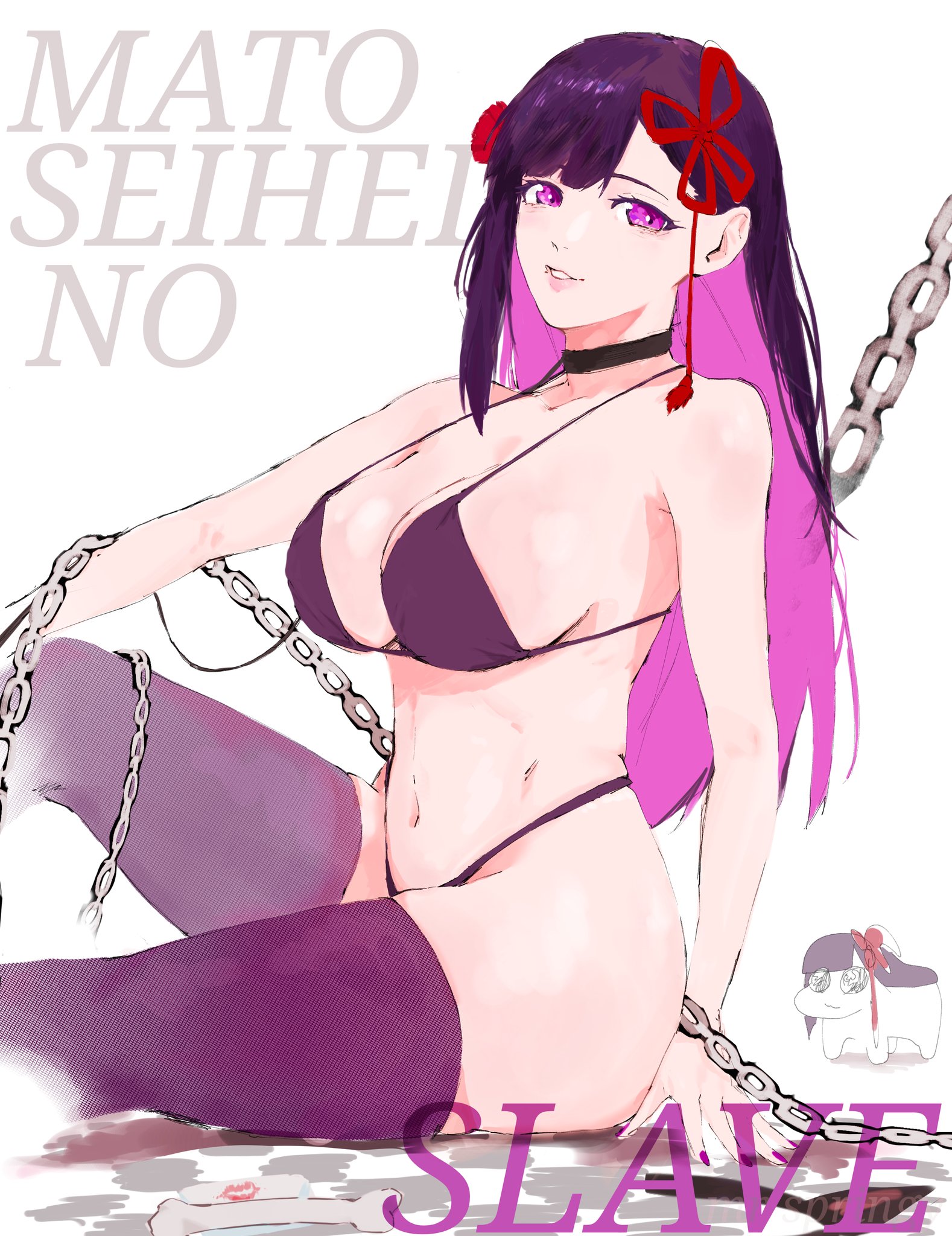 yamashiro ren, mato seihei no slave, bikini, breasts, choker, cleavage, hair ornament, large breasts, long hair, navel, purple eyes, purple hair, sideboob, solo, swimsuit, thighhighs