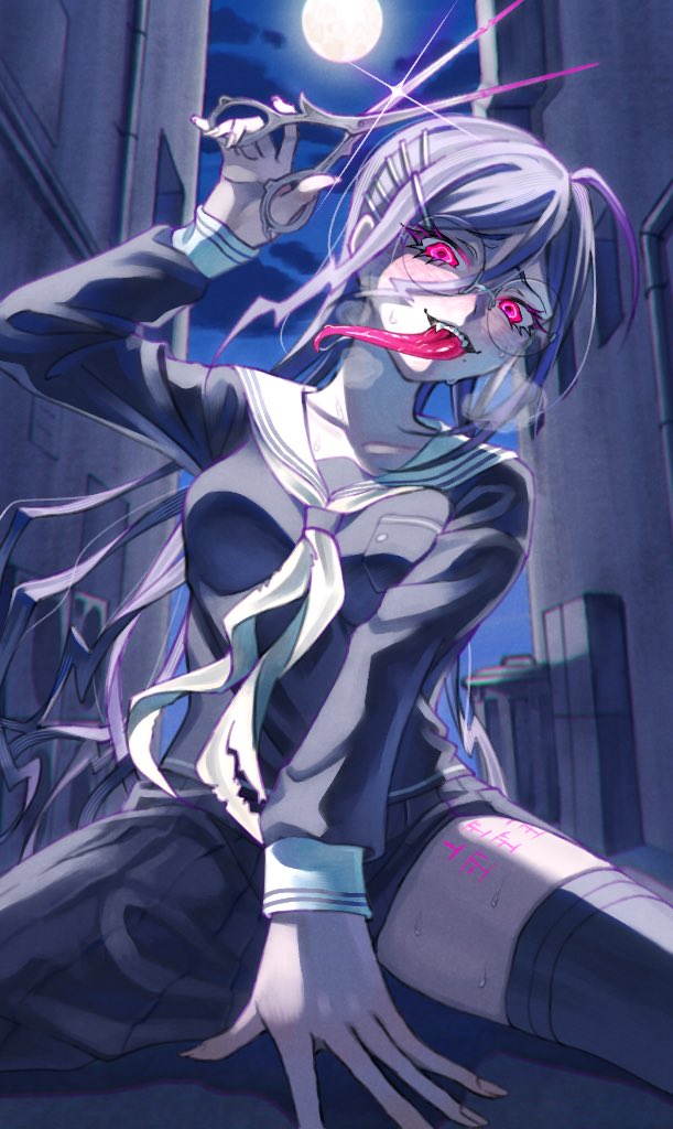 oisutalasolosu, fukawa toko, genocider shou, danganronpa: trigger happy havoc, danganronpa (series), hashtag-only commentary, 1girl, ahoge, alley, arm up, backlighting, between legs, black hair, black serafuku, black skirt, black thighhighs, blush, breasts, collarbone, double-parted bangs, eyelashes, fangs, floating hair, full moon, furrowed brow, glasses, glint, glowing, glowing eyes, hair between eyes, hair ornament, hairclip, hand between legs, heavy breathing, holding, holding scissors, incoming attack, long hair, long tongue, medium breasts, moon, moonlight, neckerchief, night, open mouth, outdoors, parallel hairclips, pleated skirt, red eyes, round eyewear, sailor collar, school uniform, scissors, serafuku, sidelocks, sitting, skirt, sleeves past wrists, smile, solo, sweat, teeth, thighhighs, thighs, tongue, tongue out, torn clothes, torn neckerchief, upper teeth only, very long hair, white neckerchief, white sailor collar