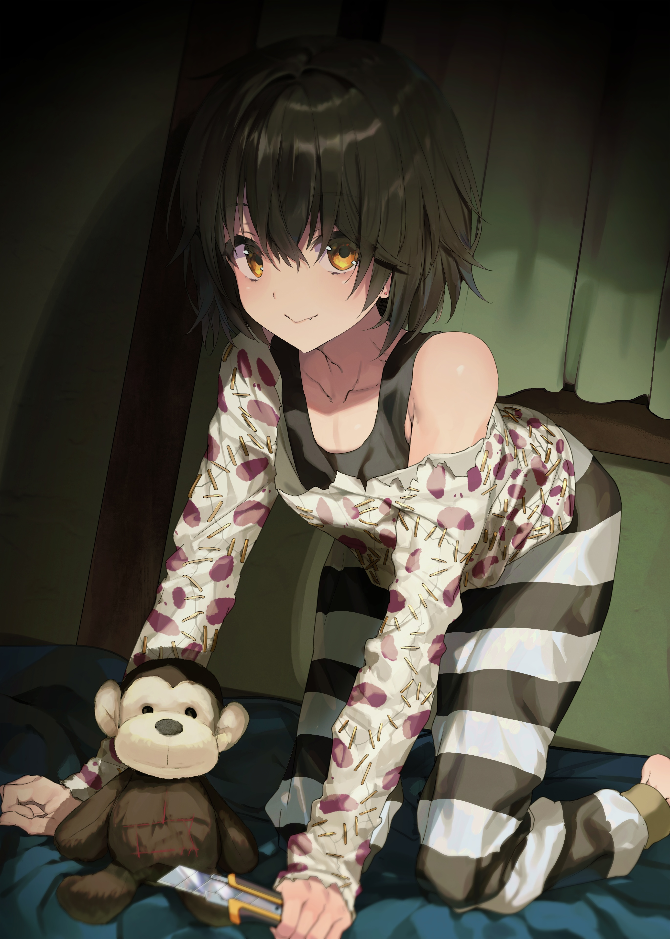 yuiitsu, mashiro meme, mashiro meme (2nd costume), nijisanji, absurdres, highres, 1boy, all fours, black hair, closed mouth, fang, looking at viewer, medium hair, official alternate costume, pants, shirt, smile, solo, striped clothes, striped pants, trap, virtual youtuber, white pants, white shirt, yellow eyes