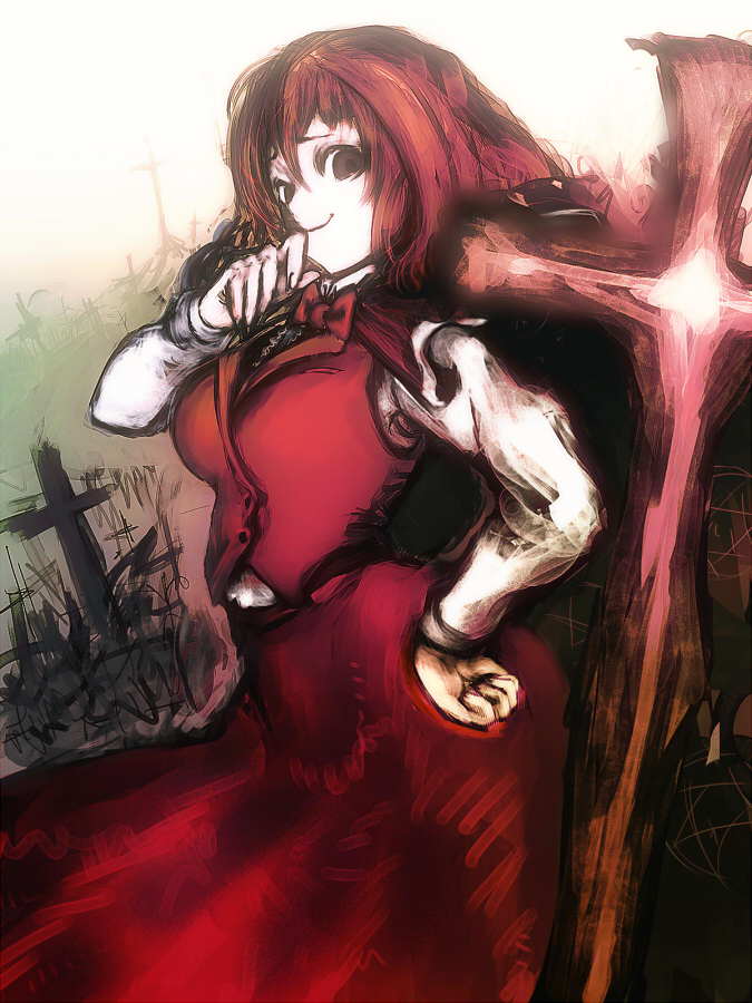 cong1991, okazaki yumemi, phantasmagoria of dim.dream, touhou, touhou (pc-98), bad id, bad pixiv id, 1girl, cross, female focus, hand on own hip, hand to own mouth, hip focus, long sleeves, looking at viewer, red hair, skirt, skirt set, smirk, solo