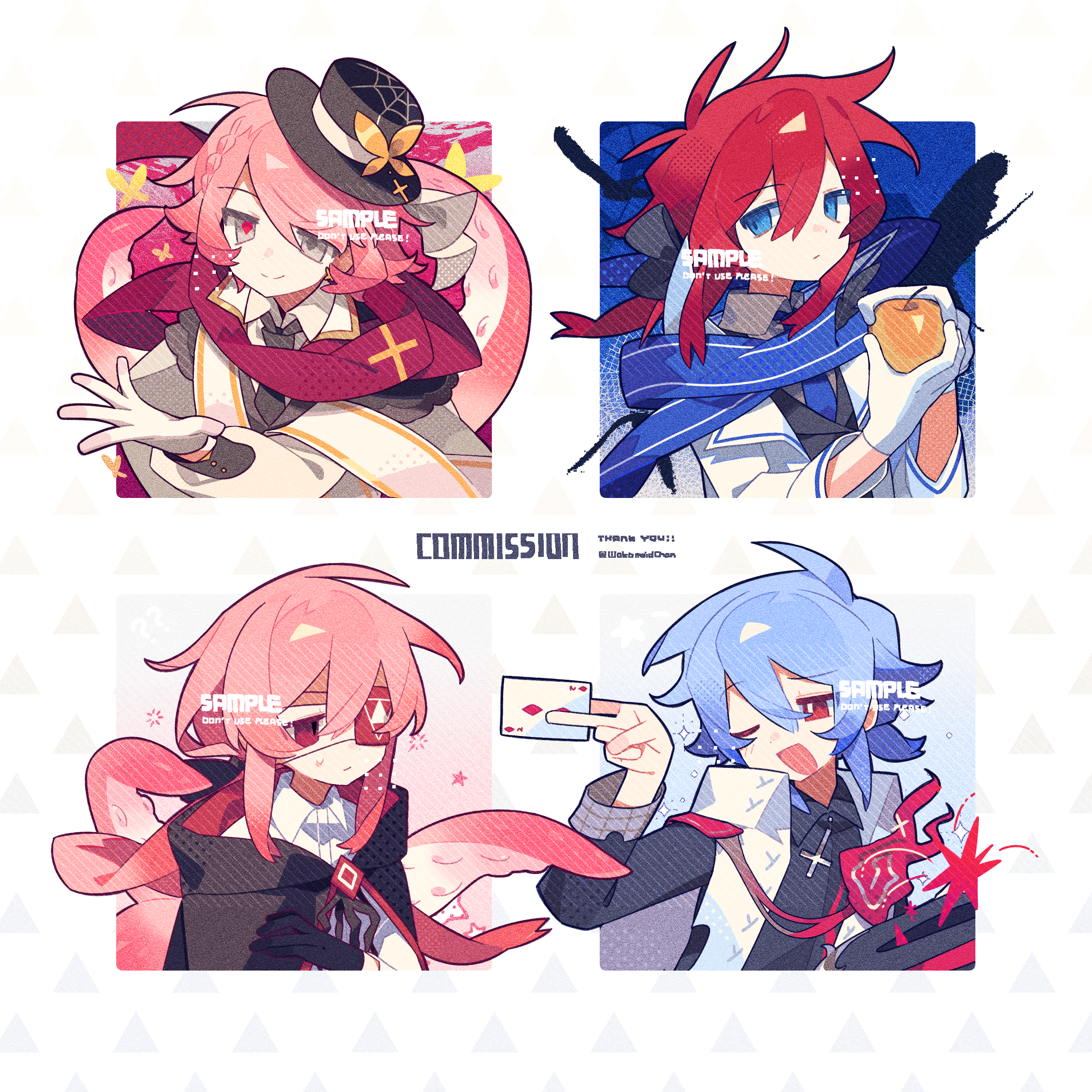 meimei (wakamoid), original, absurdres, commission, highres, 2boys, 2girls, ;d, black gloves, black hat, black necktie, black shirt, blue eyes, blue hair, blue necktie, blue scarf, card, closed mouth, collared shirt, double-parted bangs, eyepatch, gloves, grey eyes, hair between eyes, hat, holding, holding card, long sleeves, multiple boys, multiple girls, necktie, one eye closed, open clothes, open mouth, open vest, red eyes, red hair, red scarf, scarf, shirt, short hair, smile, thank you, twitter username, two of diamonds, upper body, vest, white gloves, white vest