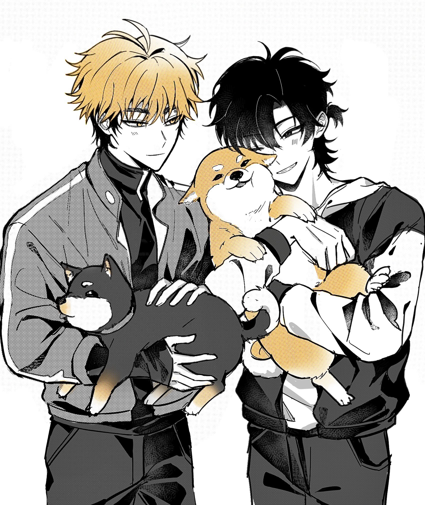 qianmo saya, cheng xiaoshi, xia fei, shiguang dailiren, highres, 2boys, animal, antenna hair, baby animal, black eyes, black hair, black pants, black shirt, blonde hair, blush, closed mouth, cowboy shot, dog, grin, hair over one eye, holding, holding animal, holding dog, hood, hood down, hoodie, jacket, long sleeves, looking at animal, looking at another, male focus, monochrome, multicolored hair, multiple boys, one eye closed, open clothes, open jacket, pants, petting, ponytail, puppy, shiba inu, shirt, short hair, short ponytail, simple background, smile, spot color, standing, turtleneck, two-tone hair, white background, yaoi, yellow eyes