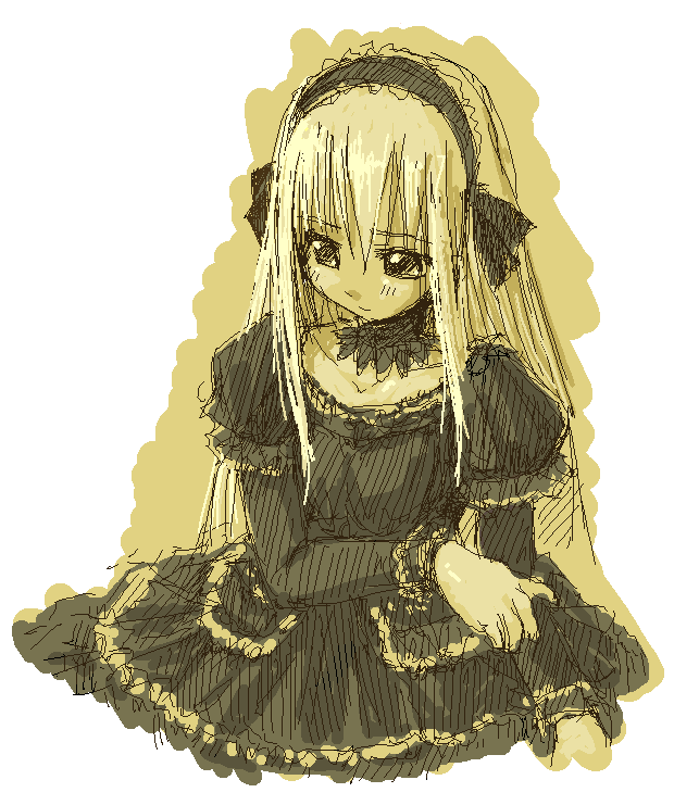 suigintou, rozen maiden, 00s, 1girl, female focus, hairband, long hair, monochrome, sepia, simple background, solo, white background
