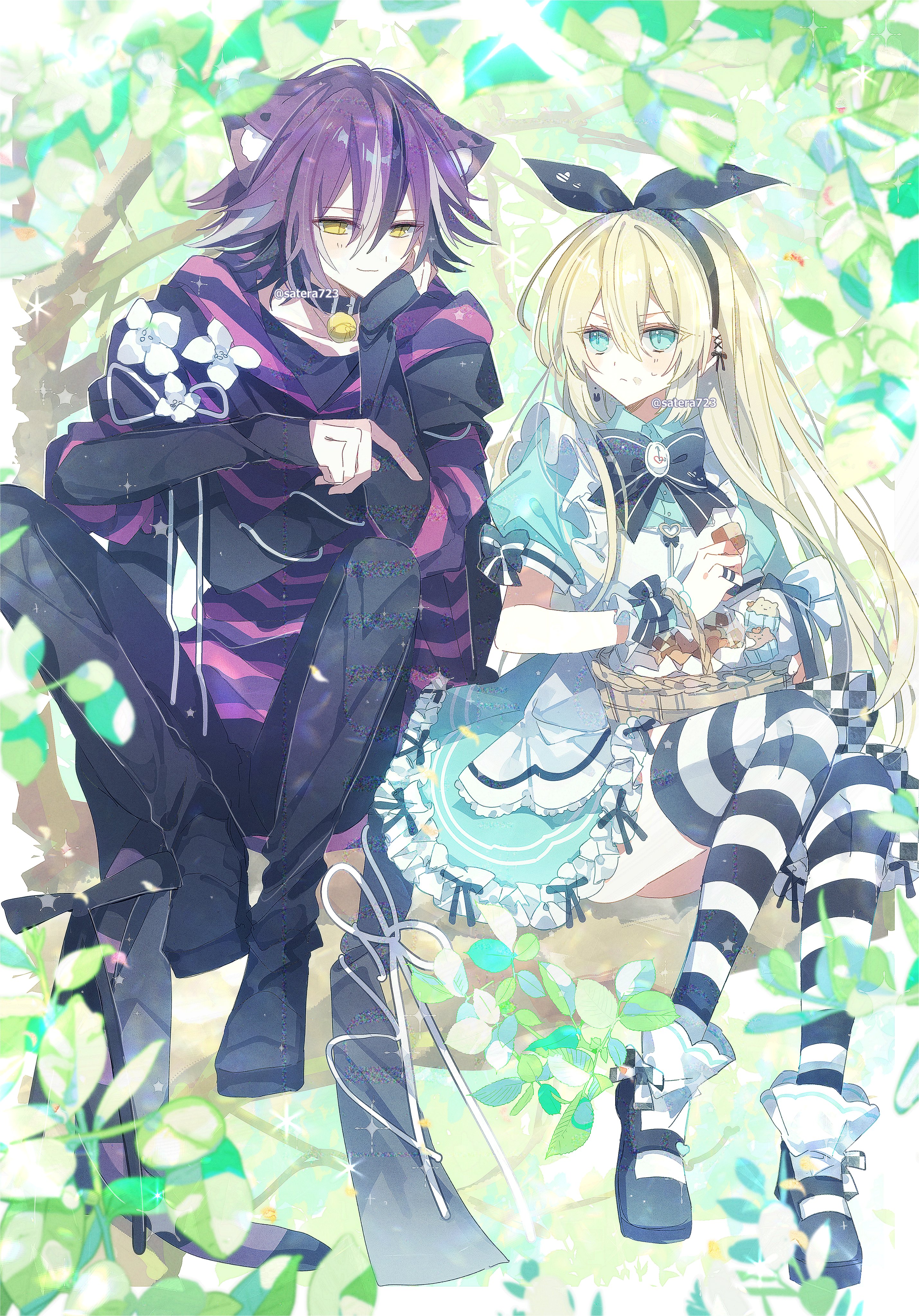 yakinikusakoku, alice (alice in wonderland), cheshire cat (alice in wonderland), alice's adventures in wonderland, absurdres, highres, 1boy, 1girl, animal ears, apron, aqua dress, aqua eyes, bell, black bow, black hairband, black pants, blonde hair, blush, bow, cat ears, collar, cookie, dress, food, frilled dress, frills, hair between eyes, hairband, holding, holding cookie, holding food, leaf, long hair, long sleeves, multicolored hair, neck bell, pants, purple hair, short sleeves, sitting, smile, socks, straight hair, striped clothes, striped socks, v-shaped eyebrows, white apron, yellow eyes