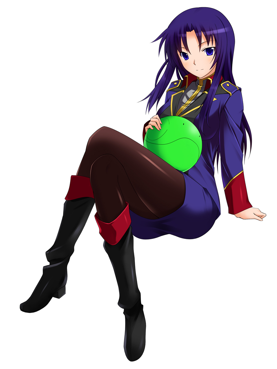 koikeya, haro, niki taylor, gundam, sd gundam, sd gundam g-generation, bad id, bad pixiv id, highres, md5 mismatch, 1girl, blue eyes, boots, crossed legs, female focus, long hair, military, military uniform, pantyhose, purple hair, simple background, sitting, solo