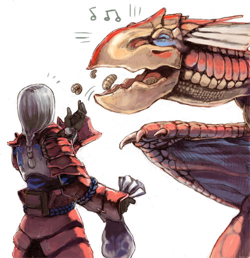 yian kut-ku, capcom, monster hunter (series), silver hair, 1girl, armor, braid, feeding, happy, red armor, simple background, single braid, white background, yian kut-ku (armor)