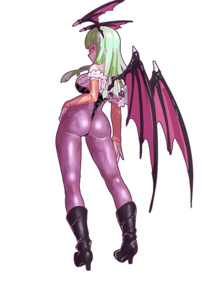 mersoleil03, morrigan aensland, darkstalkers, 1girl, ass, boots, breasts, bridal gauntlets, demon girl, demon wings, full body, green hair, head wings, high heel boots, high heels, highleg, highleg leotard, large breasts, leotard, long hair, pantyhose, solo, wings
