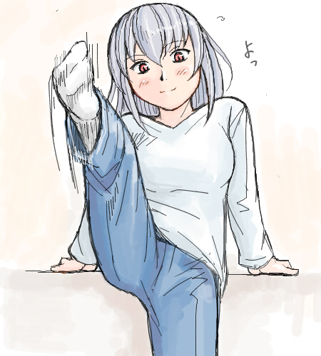 tsuda nanafushi, suigintou, rozen maiden, silver hair, lowres, 00s, aged up, casual, feet, pants, red eyes, socks, solo