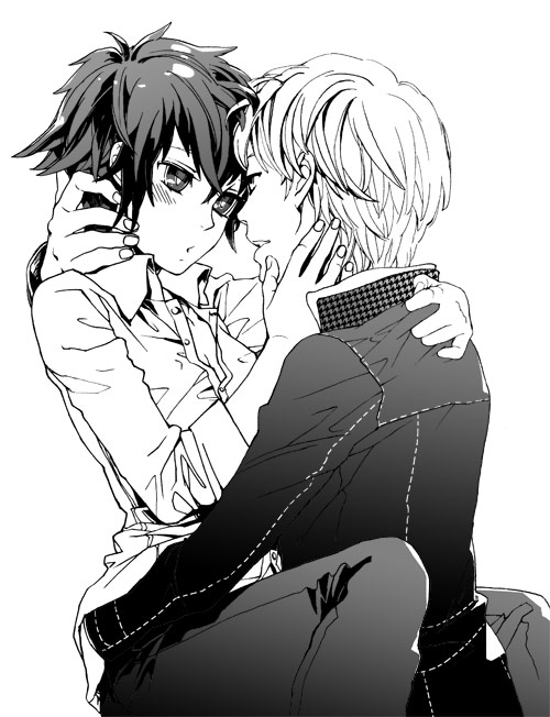mihara (081mhrs), narukami yu, shirogane naoto, atlus, persona, persona 4, bad id, bad pixiv id, 1boy, 1girl, androgynous, couple, dress shirt, greyscale, hetero, hug, monochrome, reverse trap, shirt, short hair, sleeves pushed up