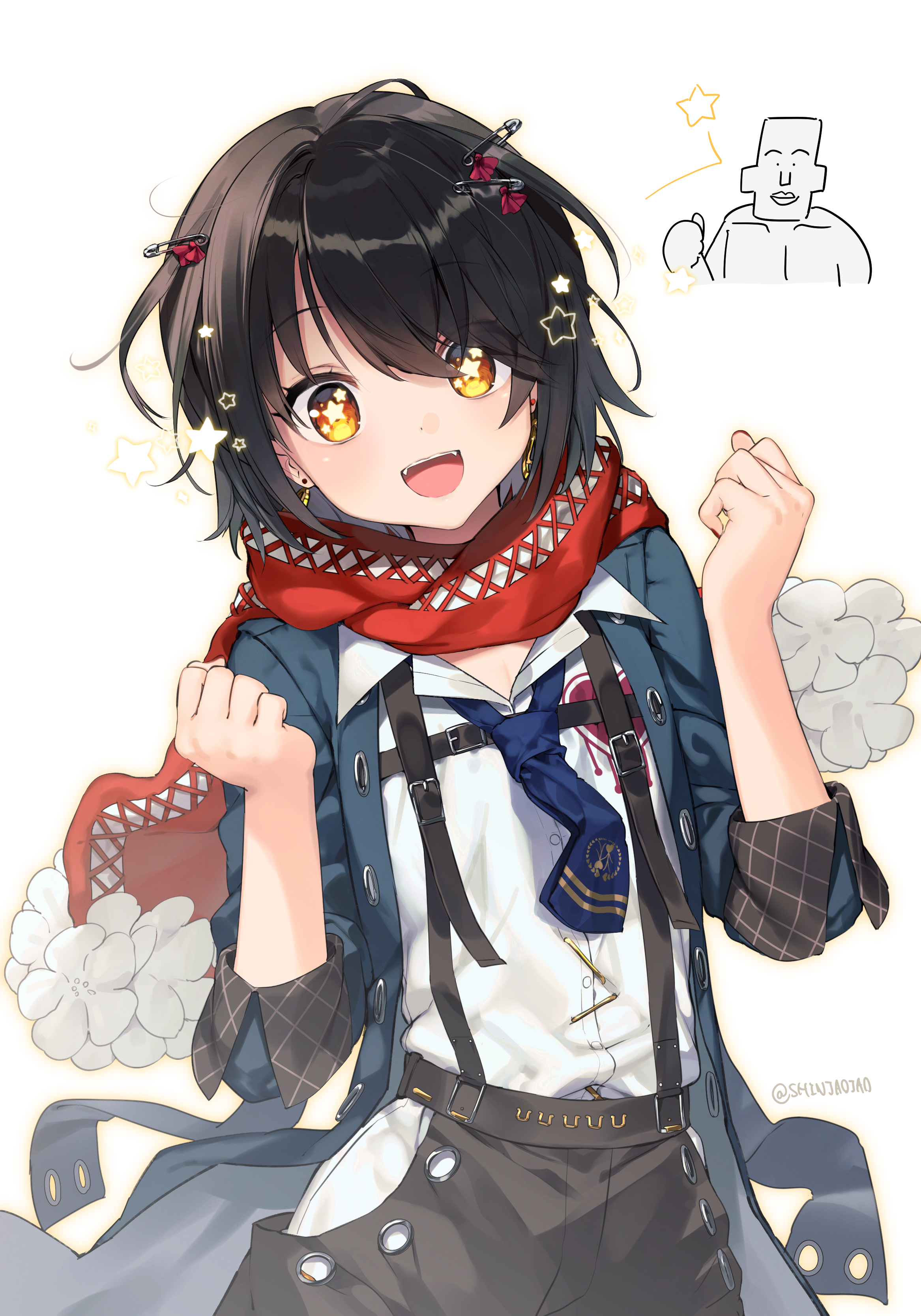 yuiitsu, mashiro meme, mashiro meme (1st costume), nijisanji, absurdres, highres, 1boy, black hair, black pants, blue jacket, collared shirt, hair ornament, hairpin, jacket, looking at viewer, open mouth, pants, red scarf, scarf, shirt, smile, solo, suspender pants, teeth, trap, upper teeth only, virtual youtuber, white background, white shirt, yellow eyes