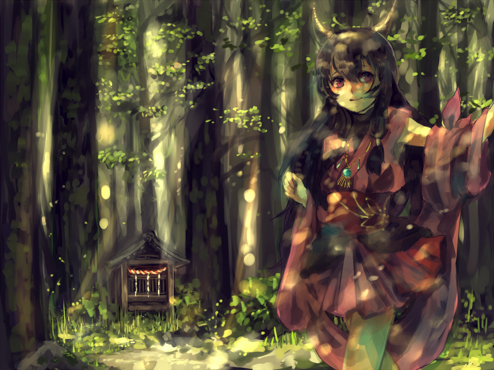 minase (mmakina), naga (staygarden), ryuujin naga, bad id, bad pixiv id, 1girl, black hair, detached sleeves, female focus, forest, horns, japanese clothes, nature, outdoors, red eyes, shrine, solo