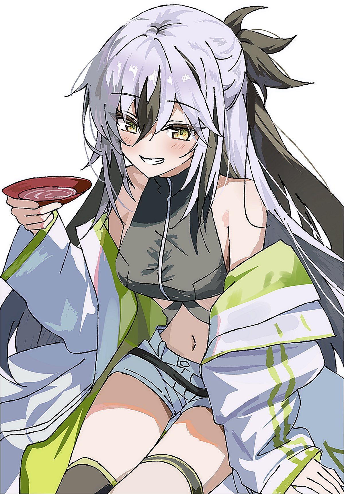 nagao kagetora (fate), uesugi kenshin (second ascension) (fate), fate/grand order, fate (series), commentary request, commission, highres, korean commentary, second-party source, 1girl, arm support, bare shoulders, black hair, black shirt, black thighhighs, crop top, cup, drink, grin, hair between eyes, half updo, hand up, holding, holding cup, jacket, light blush, long hair, long sleeves, midriff, multicolored hair, navel, off shoulder, sakazuki, shirt, shorts, simple background, single thighhigh, sitting, sleeveless, sleeveless shirt, sleeves past wrists, smile, solo, syst098, thigh gap, thigh strap, thighhighs, turtleneck, turtleneck shirt, two-sided fabric, two-sided jacket, two-tone hair, white background, white hair, white jacket, white shorts, yellow eyes