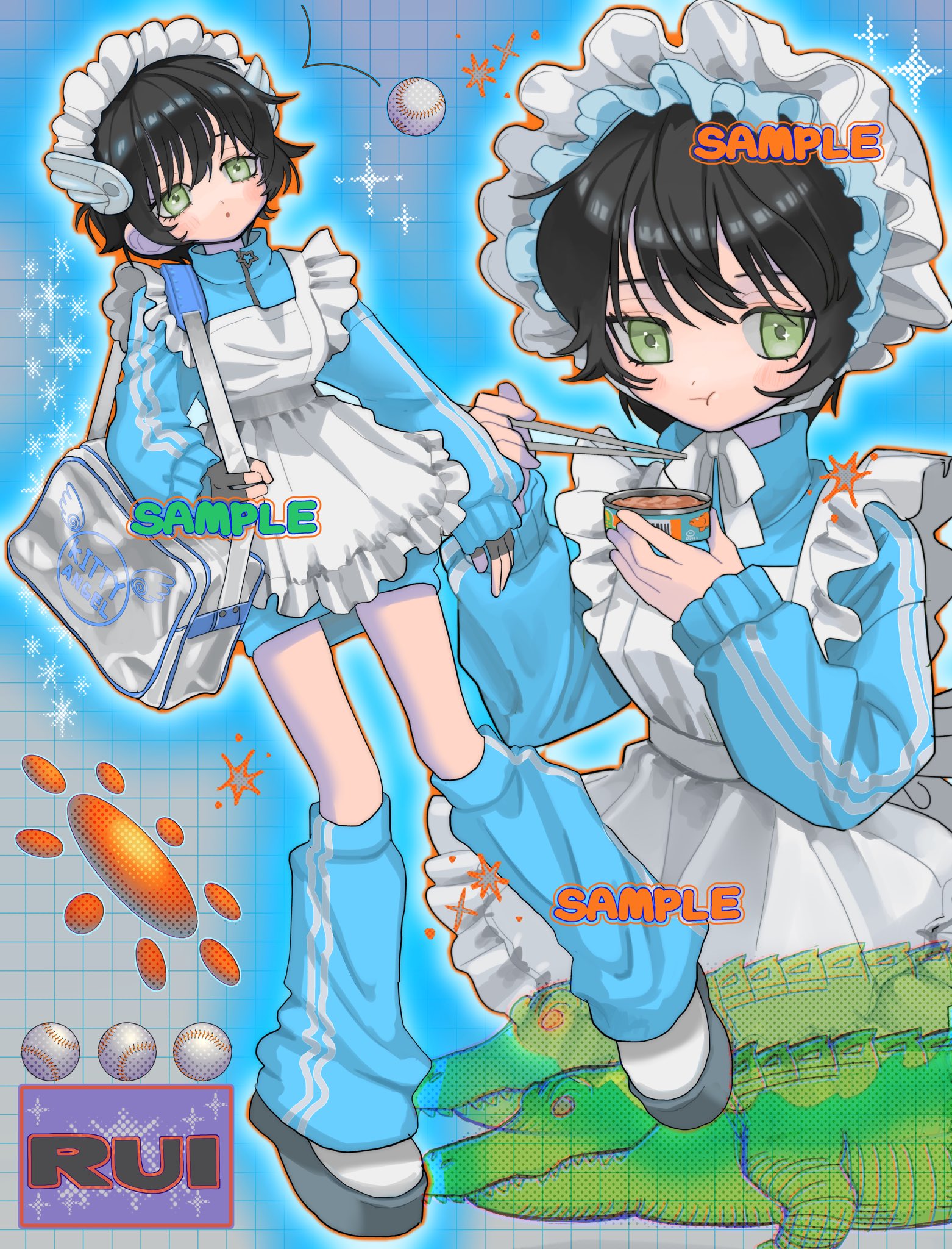 poin (goruchopame), original, commentary request, commission, highres, skeb commission, 1girl, alligator, apron, bag, black hair, blue leg warmers, bonnet, chopsticks, crocodilian, eating, green eyes, head wings, holding, holding chopsticks, jersey maid, leg warmers, long sleeves, maid, multiple views, platform shoes, sample watermark, shoes, short hair, shoulder bag, tenshi kaiwai, unconventional maid, watermark, white apron, white bag, white shoes, wings