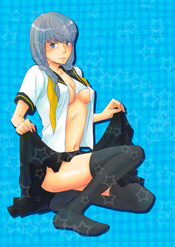 yoshino tama, narukami yu, atlus, persona, persona 4, bad id, bad pixiv id, 1girl, breasts, cleavage, clothes lift, female focus, genderswap, genderswap (mtf), grey hair, medium breasts, open clothes, open shirt, school uniform, serafuku, shirt, skirt, skirt lift, solo, thighhighs