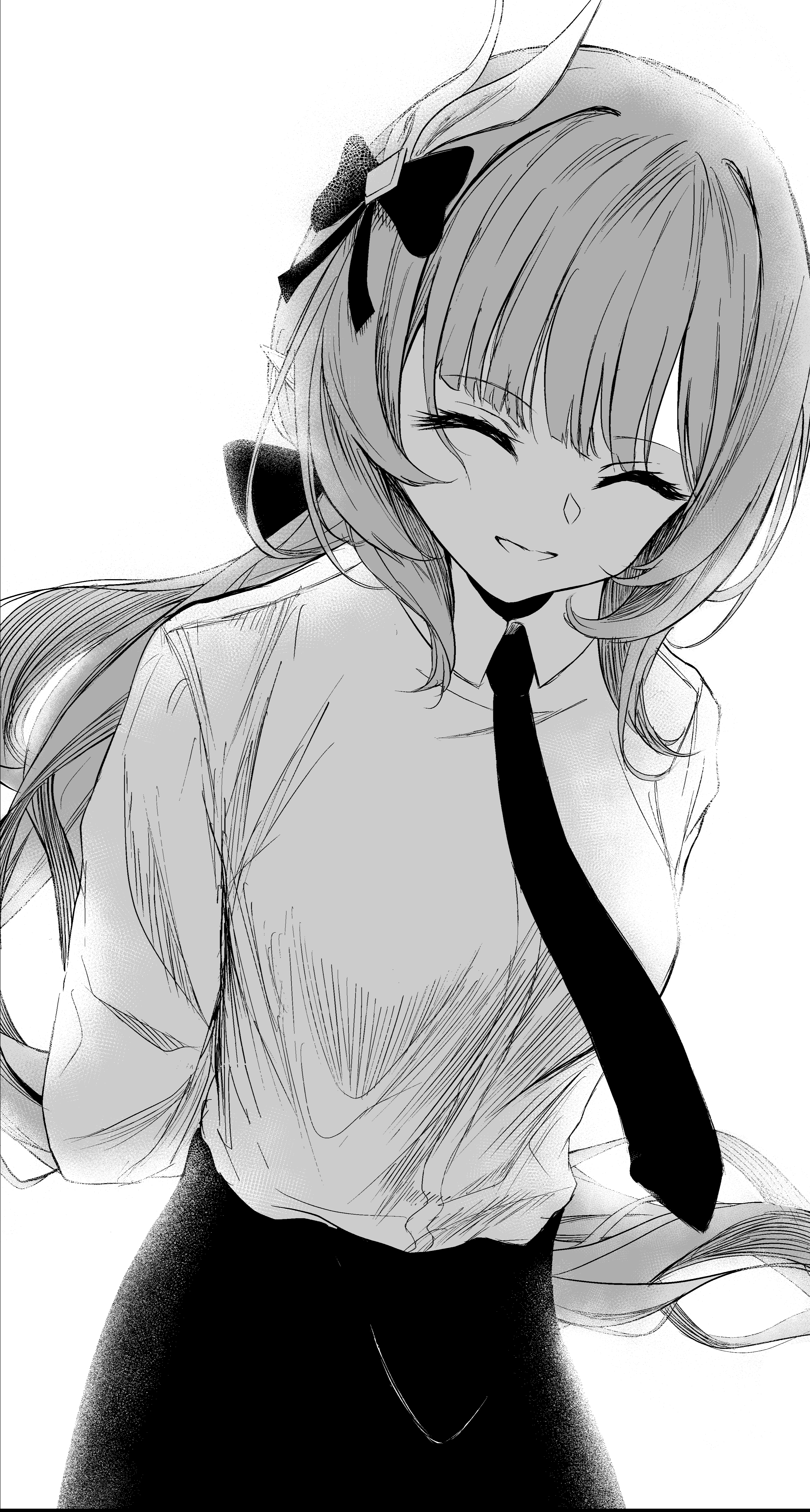 elysia (honkai impact), elysia (office lady) (honkai impact), honkai (series), honkai impact 3rd, absurdres, commentary request, highres, 1girl, arms behind back, bow, breasts, carperimvive r, closed eyes, cowboy shot, facing viewer, greyscale, hair bow, large breasts, long hair, monochrome, necktie, official alternate costume, parted lips, skirt, smile, solo, very long hair