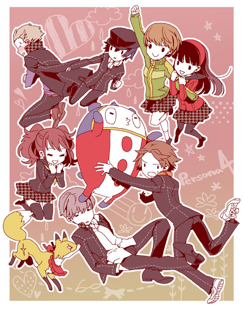 tane9, amagi yukiko, hanamura yousuke, kitsune (persona 4), kujikawa rise, kuma (persona 4), narukami yu, satonaka chie, shirogane naoto, tatsumi kanji, atlus, persona, persona 4, 3boys, 4girls, everyone, fox, multiple boys, multiple girls, pantyhose, thighhighs