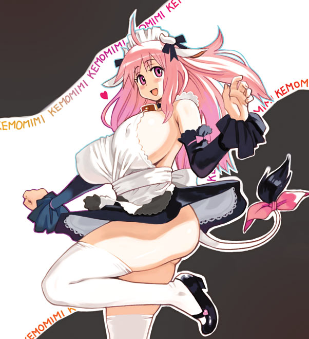 ryoji (nomura ryouji), white legwear, 1girl, ahoge, animal ears, blush, breasts, covered erect nipples, cow girl, heart, huge breasts, leg lift, long hair, maid, pink eyes, pink hair, ryoji majima, sideboob, solo, tail, thighhighs